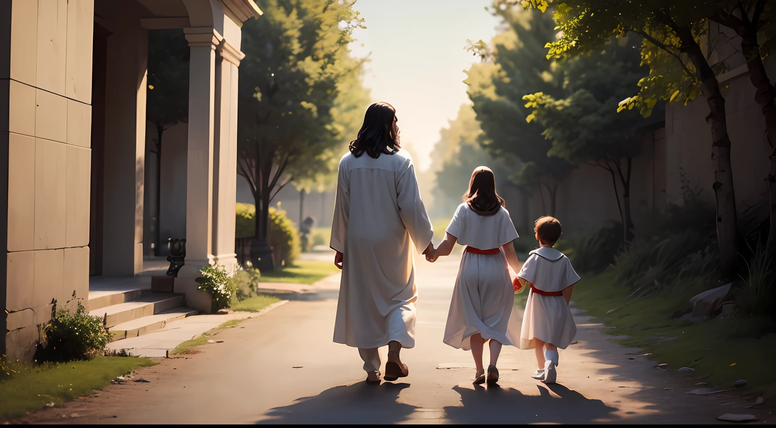 Jesus walking alongside a family, wearing a white tunic, todos olhando para frente, na terra prometida, view of the back, detalhado, 8k --auto