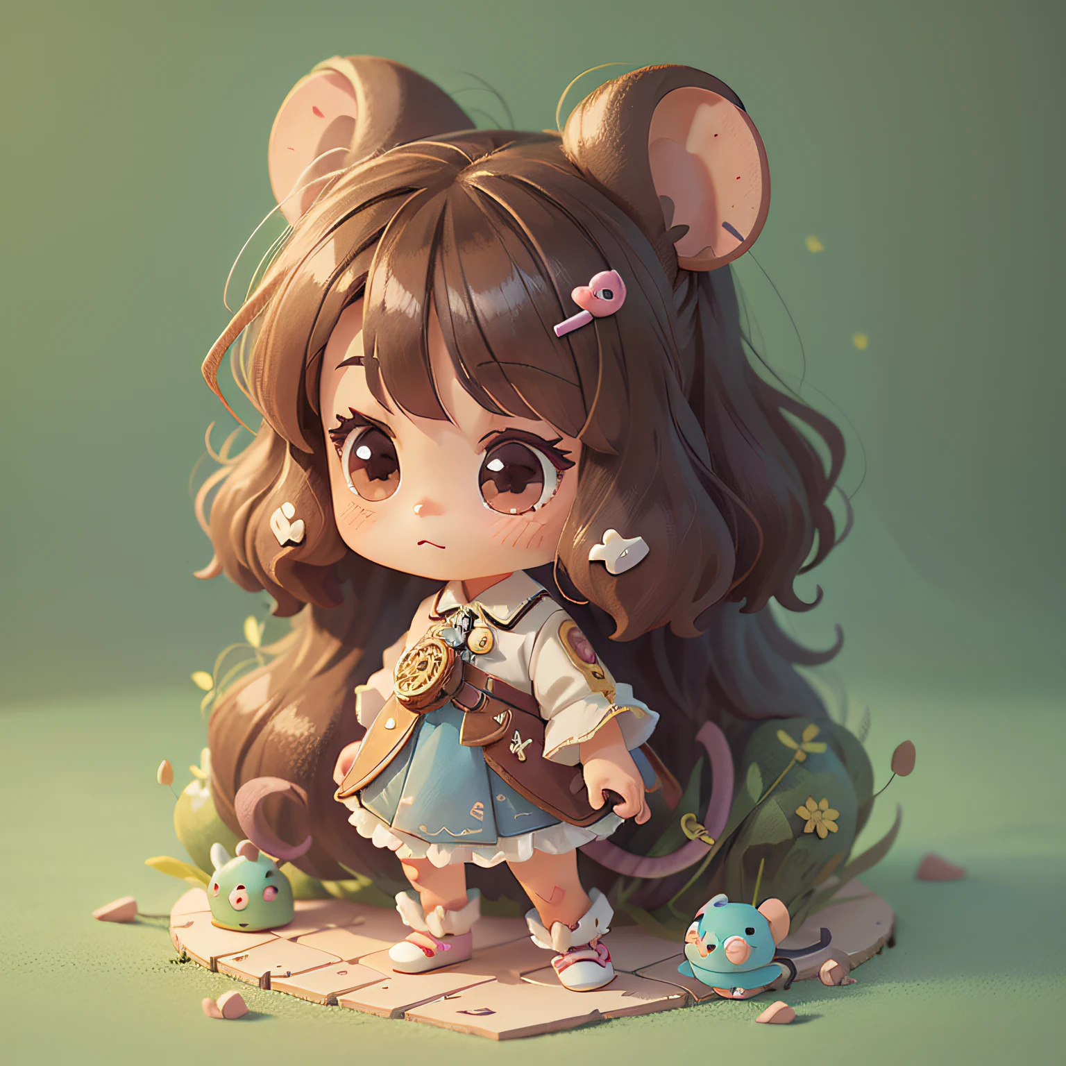 chibi, mouse, cute, sky princess, back skin, curly hair, bigbadejo, full body, masterpiece, 3D Rendering, Best Quality, Lots of Detail, (plain background), vinyl toy figurine