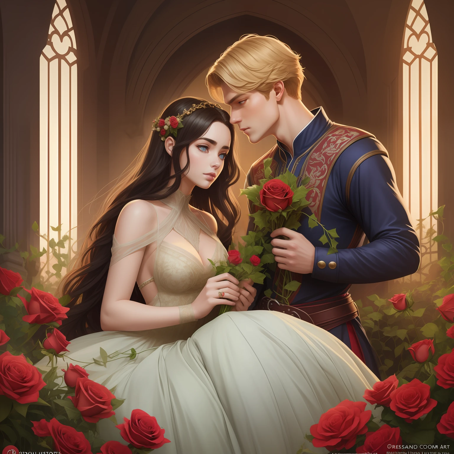 Couple kisses a home and a woman with great affection, the man Neels Visser is a prince who has golden blond hair, wears a medieval military outfit and is in love with the commoner the woman Lily Collins, who has black curly dark hair and wears a dress red, illustration of a romance book cover with a detailed, smooth, bright background filled with ivy-covered flowers and red roses, castle, ornate dress standing on a bed of roses, rim light, dynamic lighting, ethereal lighting, ultra detail, concept art, elegant, surreal, art by Lisa Aisato, Greg Hildebrandt, Citemer Liu, Stjepan Sejic, Samyang, Aykut Aydogdu, Justin Gerard, Alphonse Mucha, Artgerm, WLOP and Greg Rutkowski