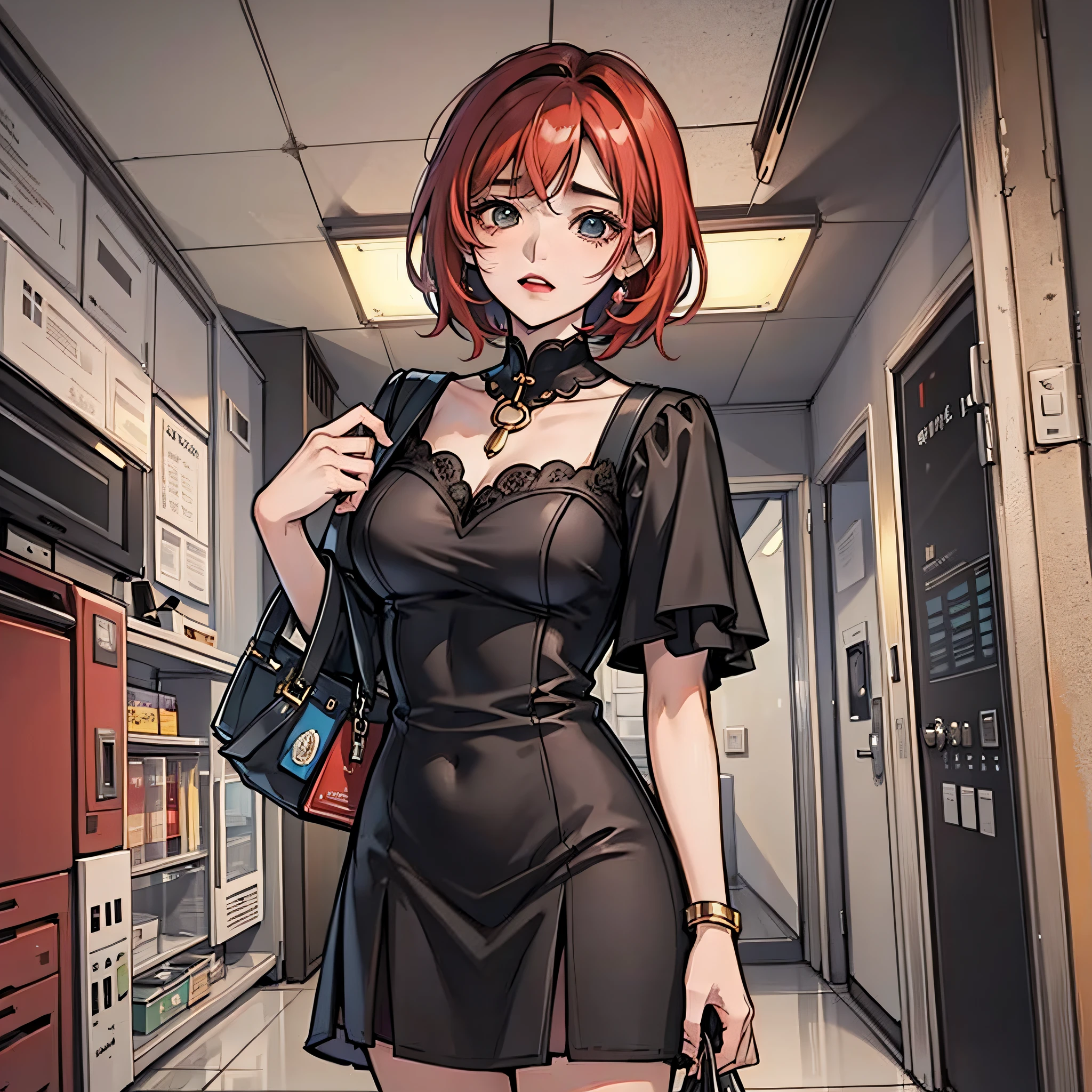 1女人，red short hair，Wearing a black dress，home，Crys
