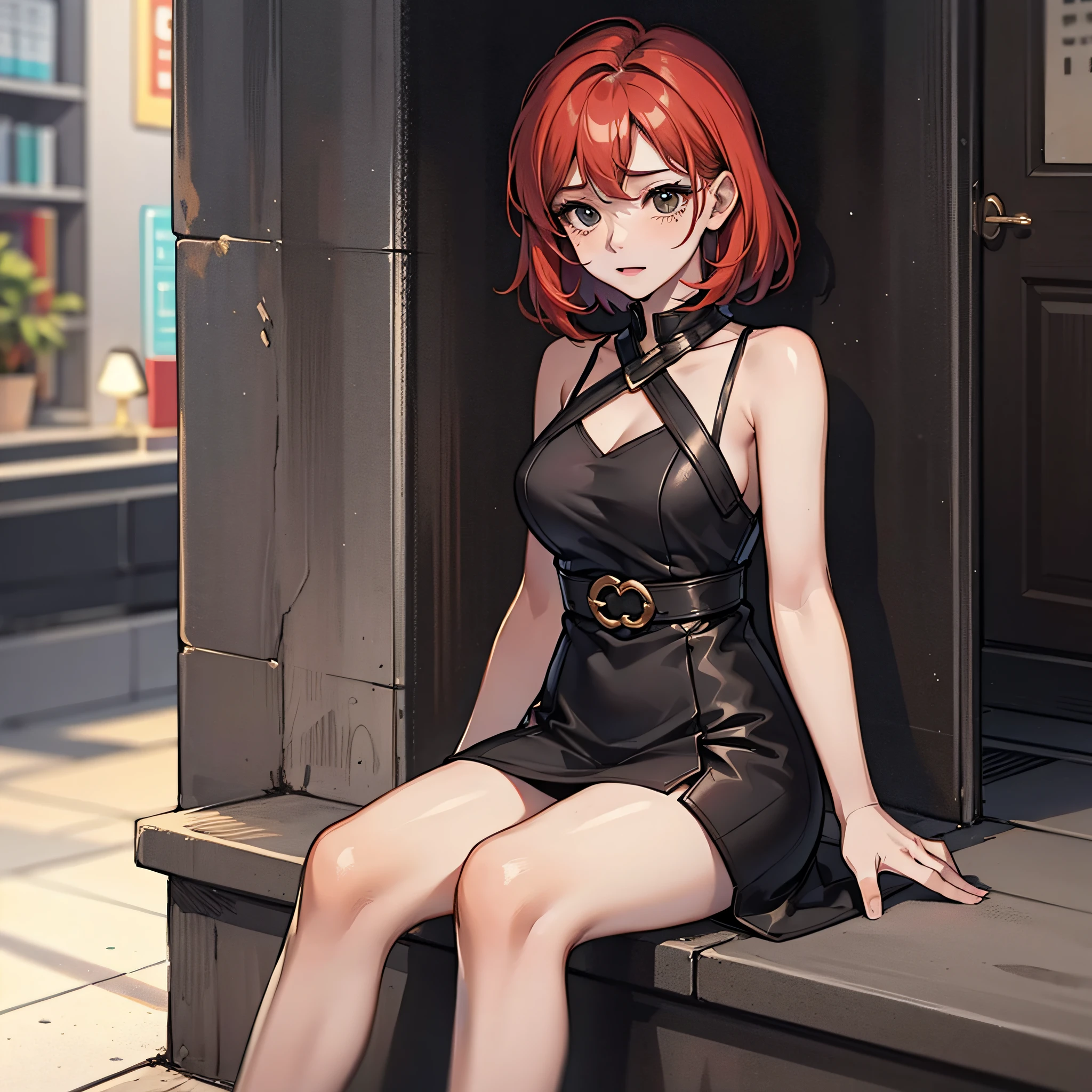 1女人，red short hair，Wearing a black dress，home，Crys