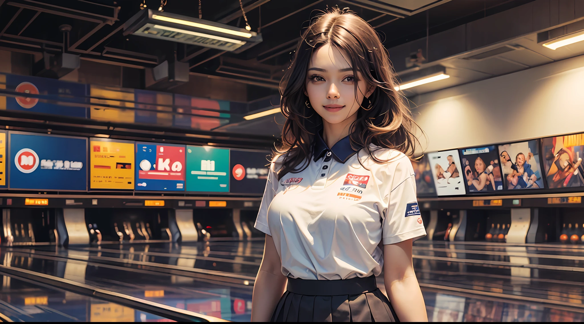 ((sthe highest qualit、8k、Master peace、:1.3))、(Realistic、、、pfotorealistic:1.37)sharp、、-focused:1.2、Pretty woman with perfect body shape:1.4、Very detailed face and skin texture、detailed eye、Double eyelidd、beautifulface、(smileing)、medium breasted、Standing、From head to knee、Bowling alley、Stand forward on the bowling lane、Bowling Wear、skirts、semi-long hair,calm smile、5本の指 --auto --s2