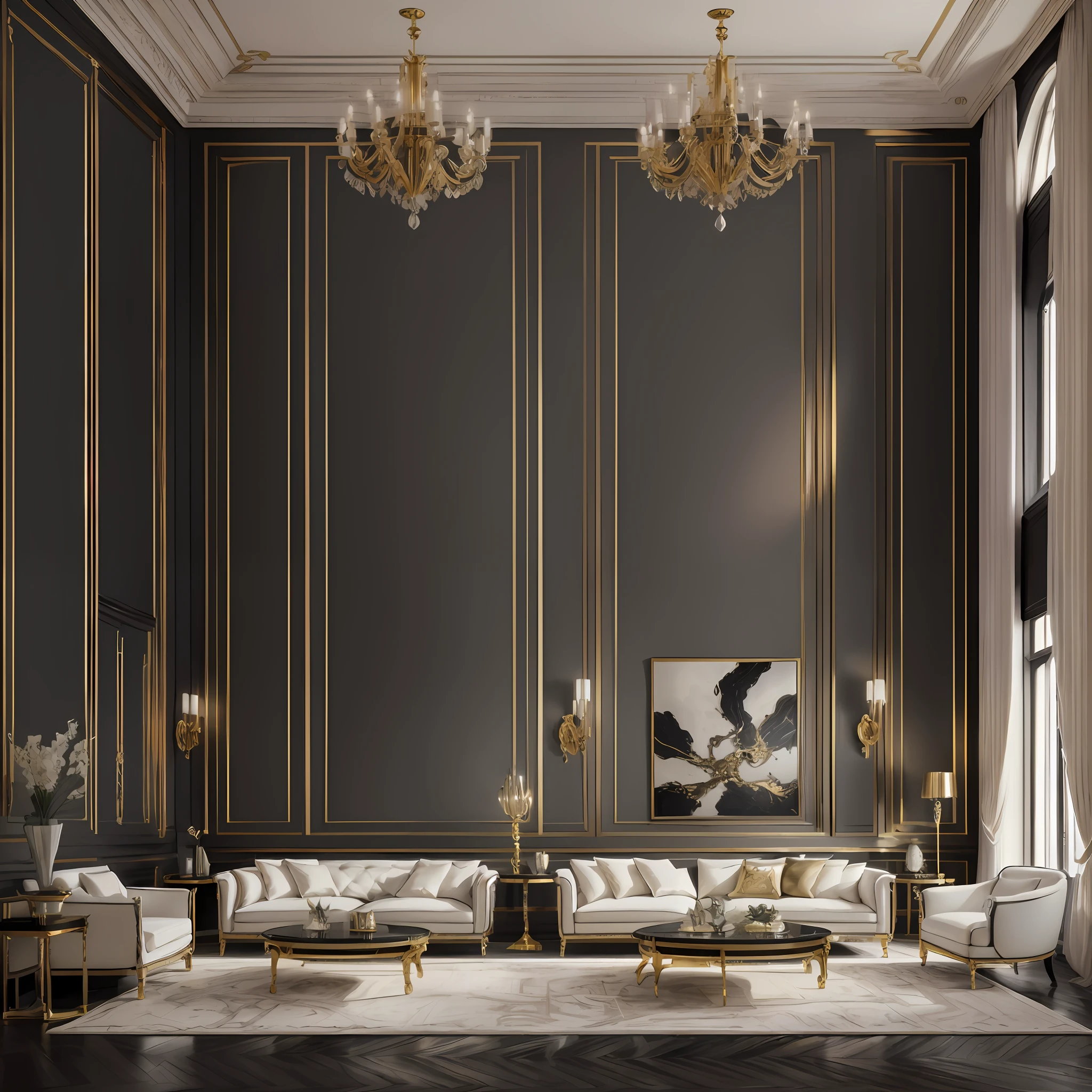 arafed living room with a black wall and a gold trim, elegant and refined, NEOs - classical style, neoclassical style, elegant and ornate, luxurious environment, ornate and elegant, neoclassicism style, gold and luxury materials, elegant baroque, baroque marble and gold in space, royal interior, luxury hd render, ornate with gold trimmings, harmony black room