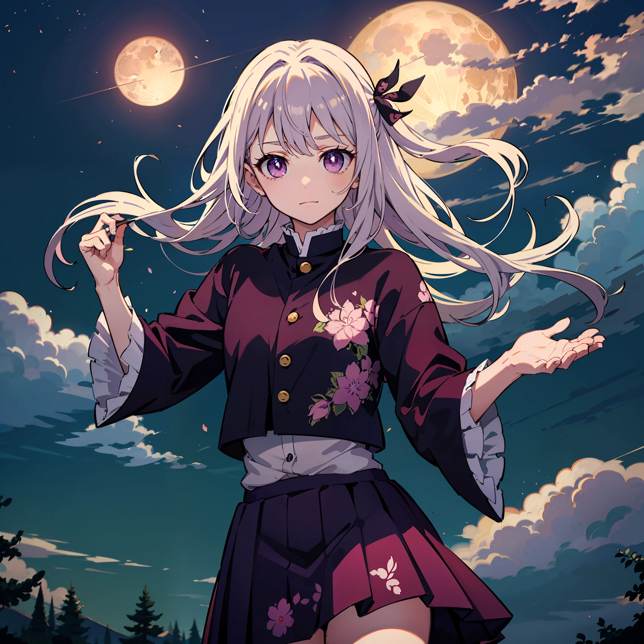 anime,((very good quality)), (Bestquality), fille immobile (Jeunes et petits), (Forest with full moon), cheveux blanc coiffer (long), ((pink eyes with pupil star)), Japanese clothes, manteau violet ouvert ((purple with cloud print pattern)), ((dark purple shirt and skirt)), Art the Demon Slayer, Demon Slayer Artstyle, Kimetsu no yaiba, slayer uniforme