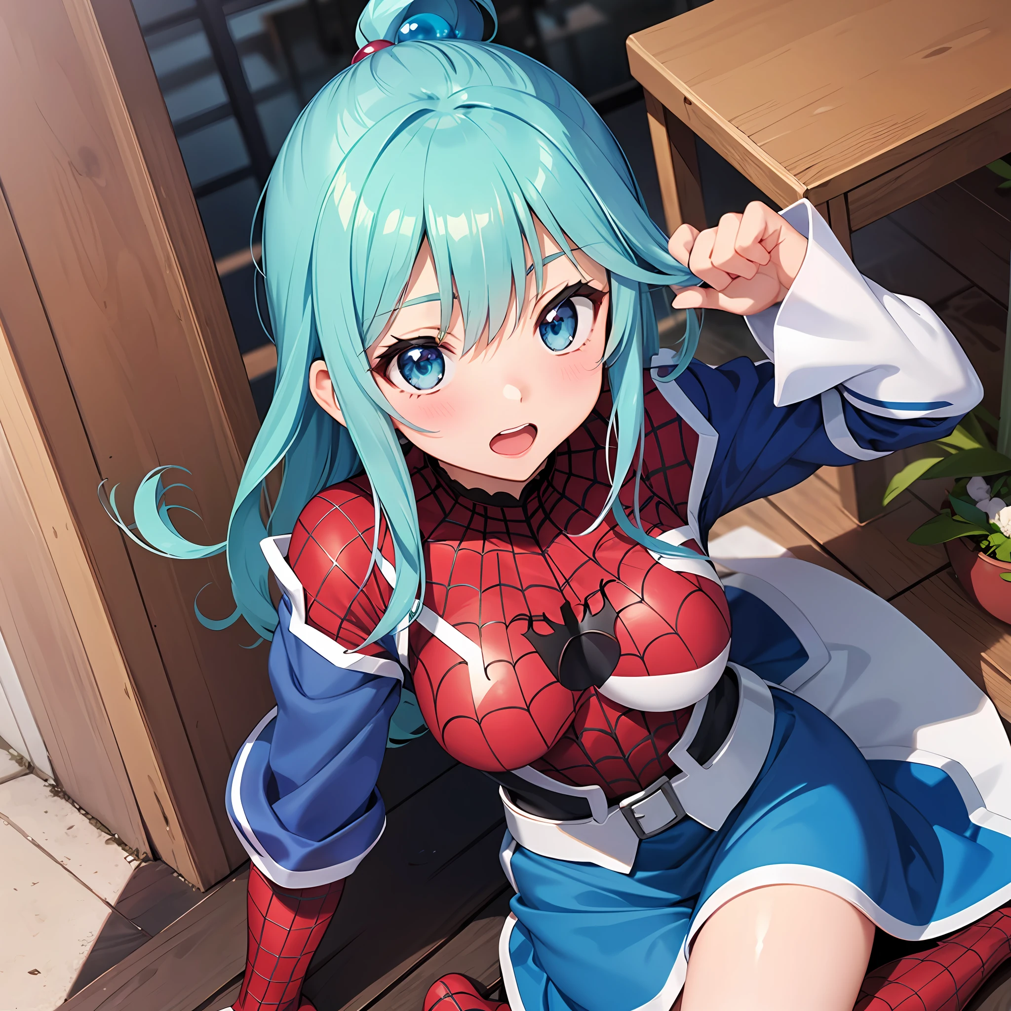 Spiderman, melhor qualidade, fundo detalhado, anime, 1girl, jovem, mulher, Aqua, seios medios, konosuba, Tokyo, japan, cidade, cabelo azul, cabelo longo, uniforme do homem aranha, puro