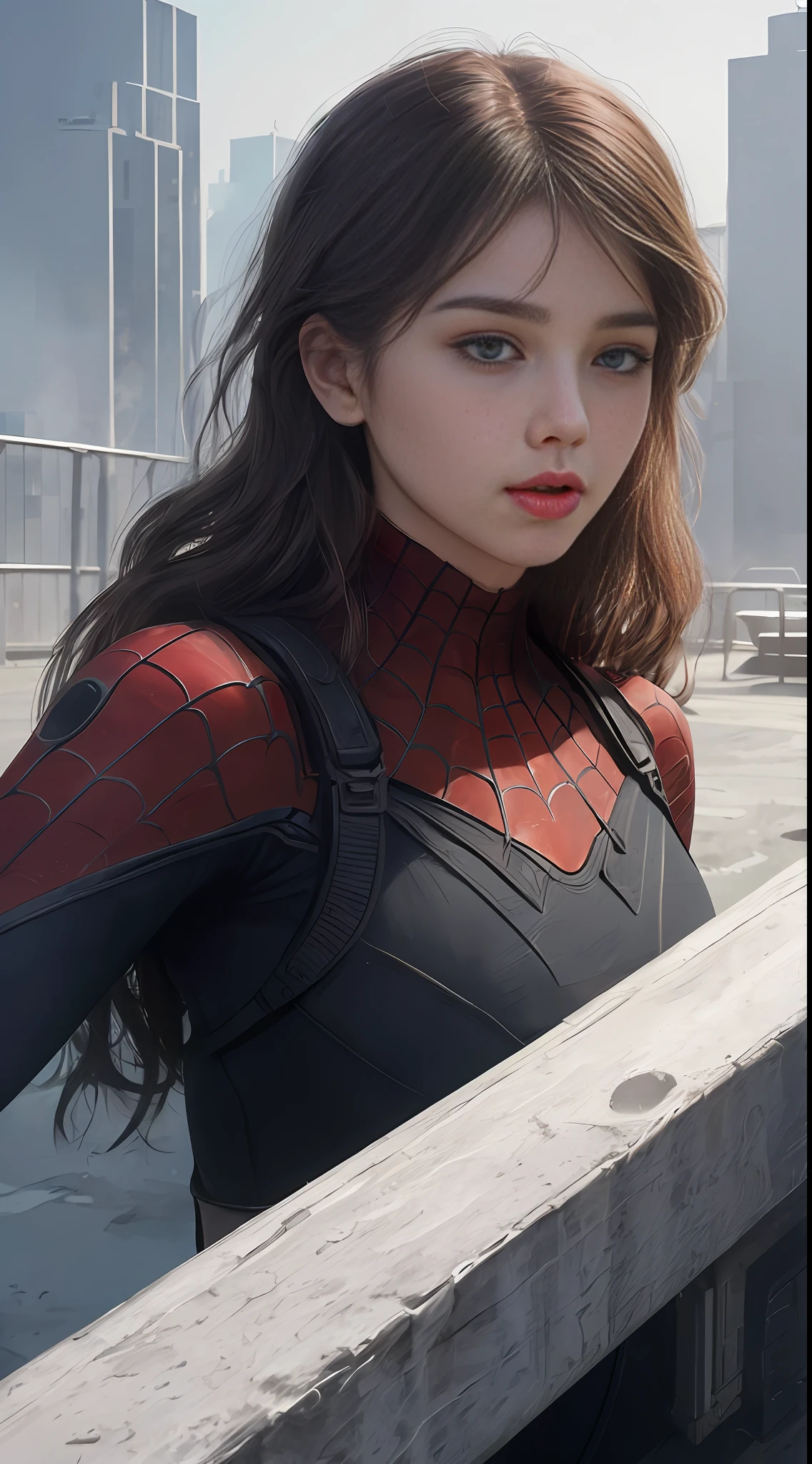 (1girl:1.3), Solo, (((Very detailed face)))), ((Very detailed eyes and face)))), Beautiful detail eyes, Body parts__, Official art, Unified 8k wallpaper, Super detailed, beautiful and beautiful, beautiful, masterpiece, best quality, original, masterpiece, super fine photo, best quality, super high resolution, realistic realism, sunlight, full body portrait, amazing beauty, dynamic pose, delicate face, vibrant eyes, (from the front), She wears Spider-Man suit, red and black color scheme, spider, very detailed city roof background, rooftop, overlooking the city, detailed face, detailed complex busy background, messy, gorgeous, milky white, highly detailed skin, realistic skin details, visible pores, clear focus, volumetric fog, 8k uhd, DSLR, high quality, film grain, fair skin, photo realism, lomography, futuristic dystopian megalopolis, translucent