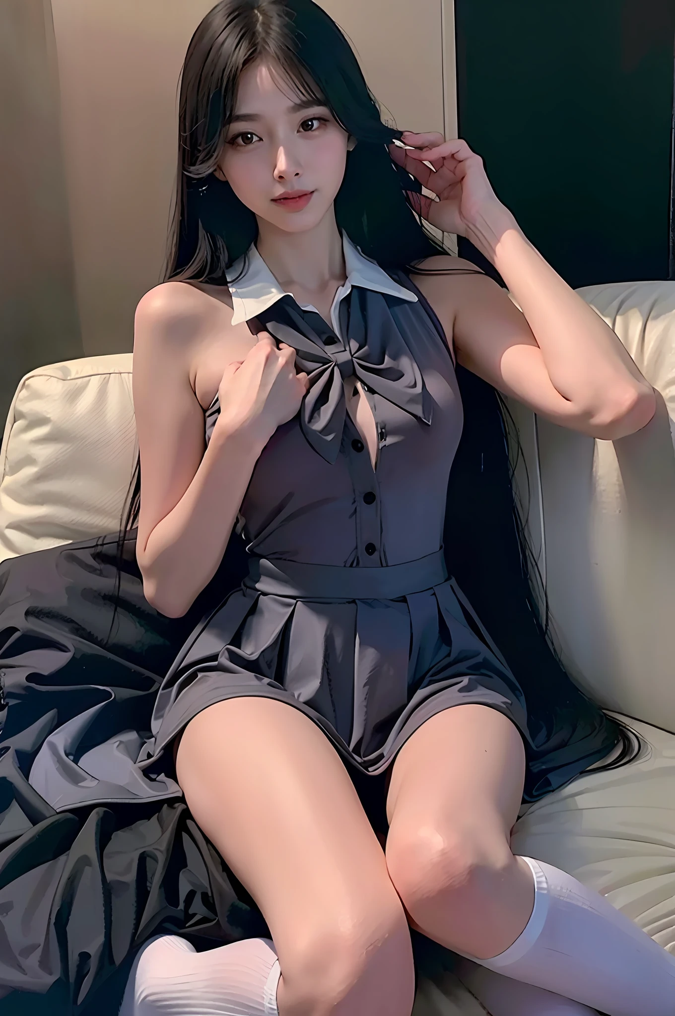 jk_lure_dress2,8k,,sexy,(Real:1.1), (Photorealistic:1.1), (Masterpiece:1.1), (Best quality:1.1), RAW photos, High resolution, ultra detail, high definition RAW color photos,professional photos,masterpieces,best quality,realistic,real skin,1 girl,low_key,solo,lighting,long hair, beautiful detailed eyes,natural light,(blush), ( Detail face: 1.2), very cute face, white leg wear, full body, park, hydrangea, smile