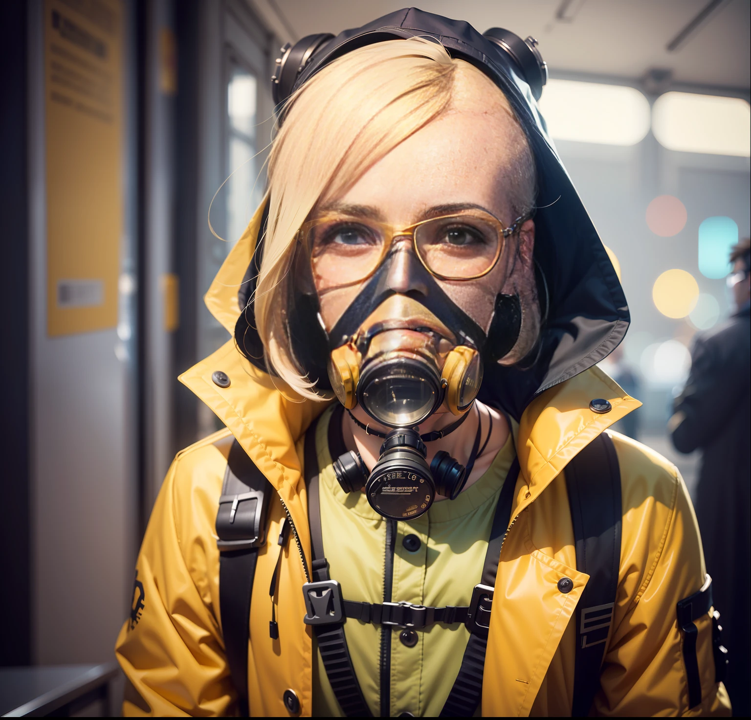 A stunning and intricate color photo of the upper body of a man wearing glasses, (wearing a yellow lab coat and a gas mask on his head), beautiful punk girl.
epic composition of characters,
By Ilya Kuvshinov, Alessio Albi, Nina Masic,
sharp focus, natural lighting, subsurface scattering, f2, 35mm, film grain