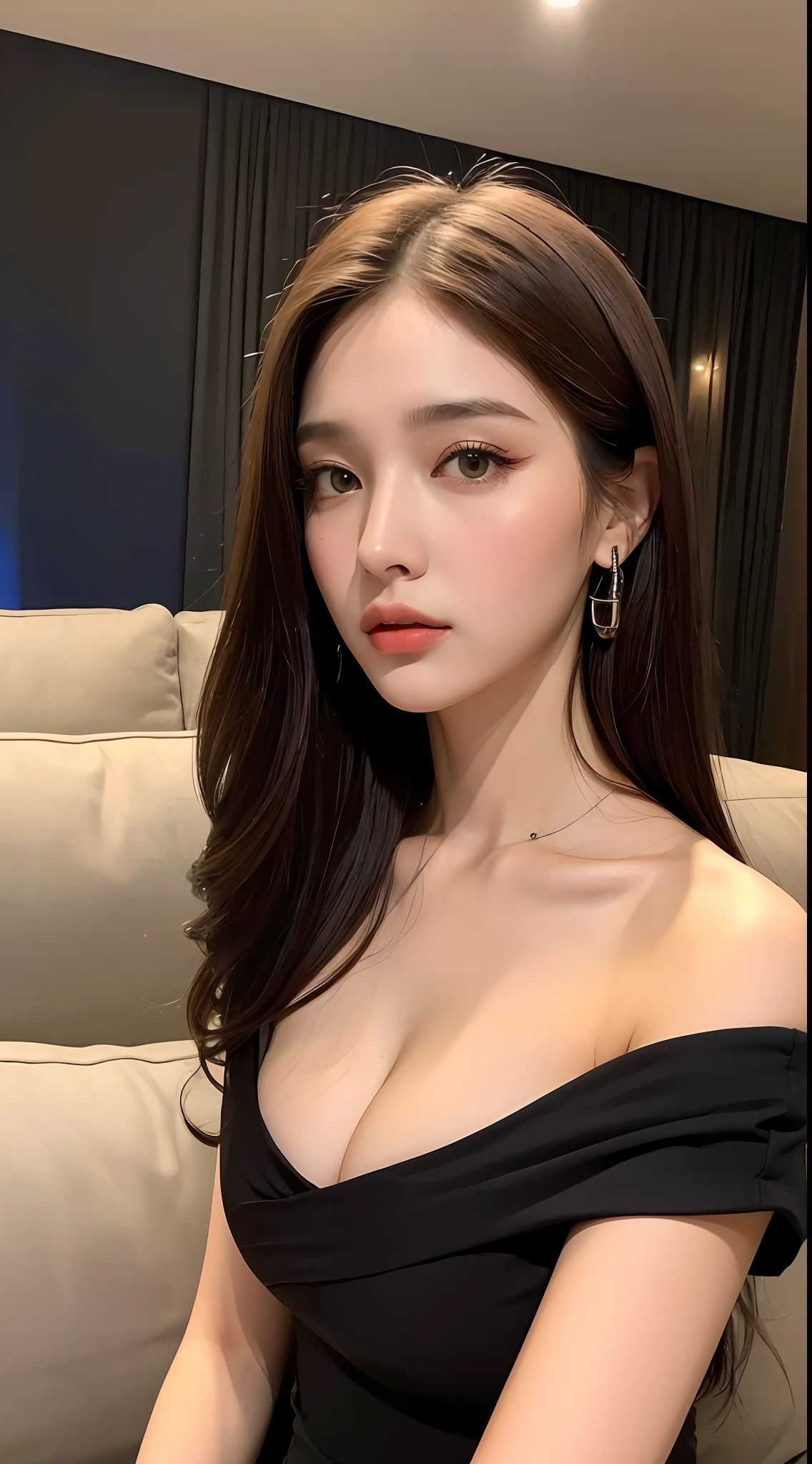 ((Night view, realistic light, best quality, 8k, masterpiece: 1.3)), 1girl, pretty woman with slim figure: 1.4, (brown hair, medium breasts: 1.3), off-the-shoulder cut top: 1.3, sofa, super detailed face, detailed eyes, double eyelids