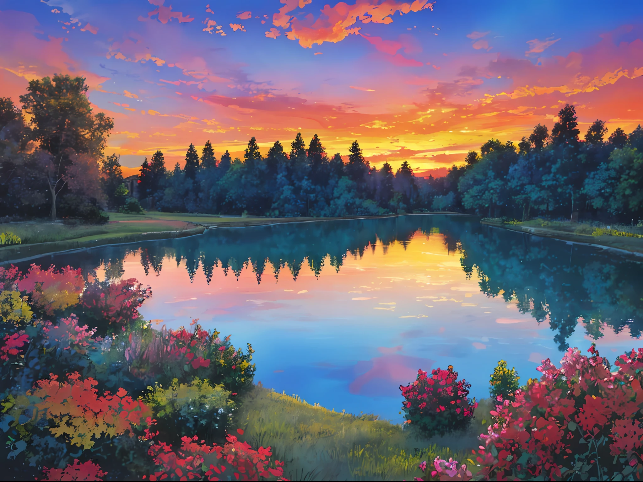 there is a beautiful sunset with a lake and trees in the background, colorful skies, surreal colors, colorful sunset, colorful sky, marvellous reflection of the sky, stunning sky, dream like atmosphere 8k, colorful clouds, colors reflecting on lake, surreal sky, red and blue reflections, fire reflection, beautiful sky, beautiful and spectacular dusk, beautiful dreamy landscape, amazing sky