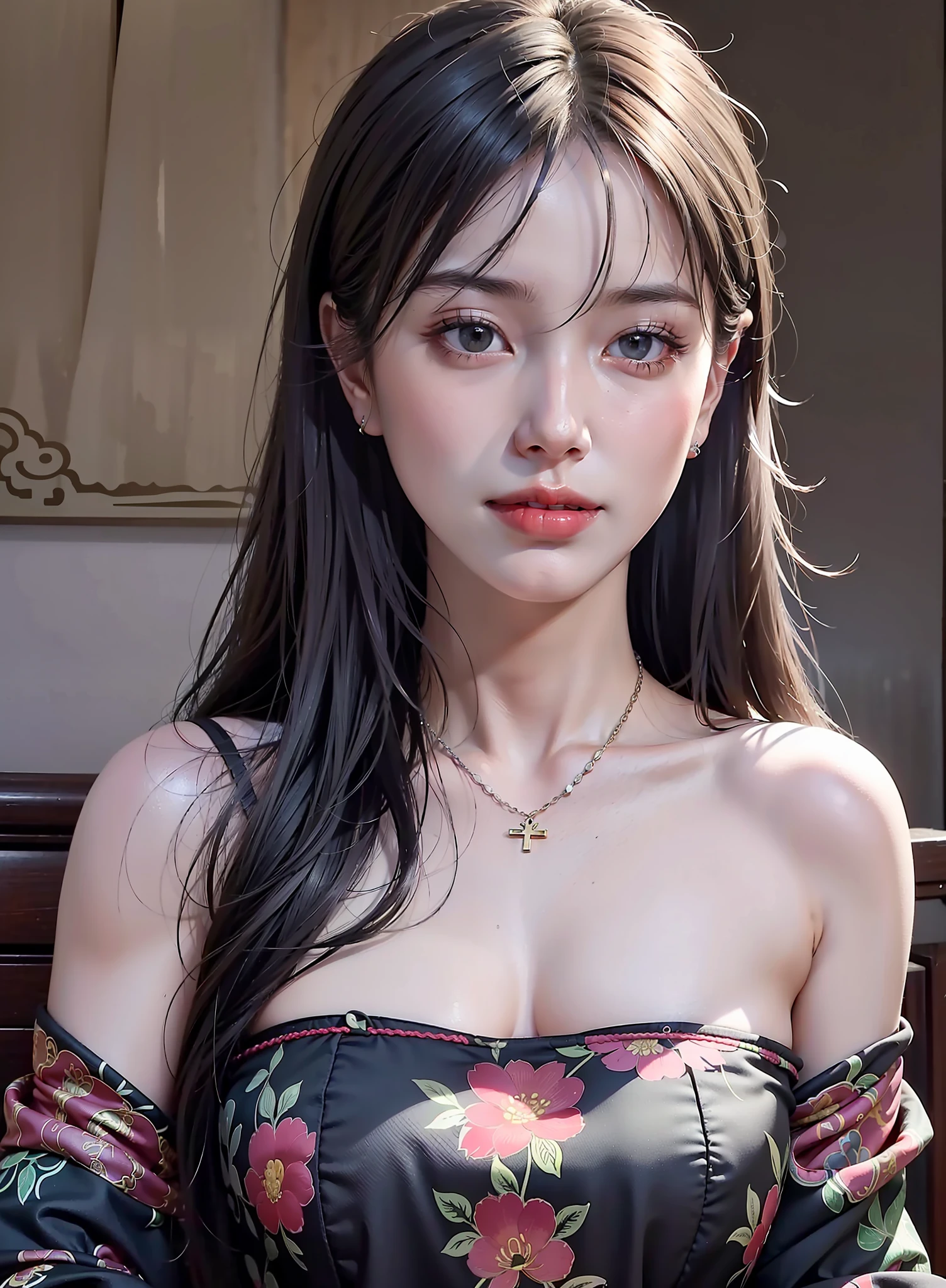 Best Quality, Masterpiece, Ultra High Resolution, (Realistic:1.4), 1 Girl, Off-the-Shoulder Shirt, ((Traditional Chinese Costumes: 1)), Black Necklace, (Faded Gray-Gray Hair:1), (:1.2), Looking at the Viewer, Close-up, Big Breasts, Black Hair, Light Smile, Seductive Smile, Heavy Breathing, Naughty Face, Torogao, Cinematic lighting, motion blur, UHD, highres, super detail, high quality, award winning, masterpiece