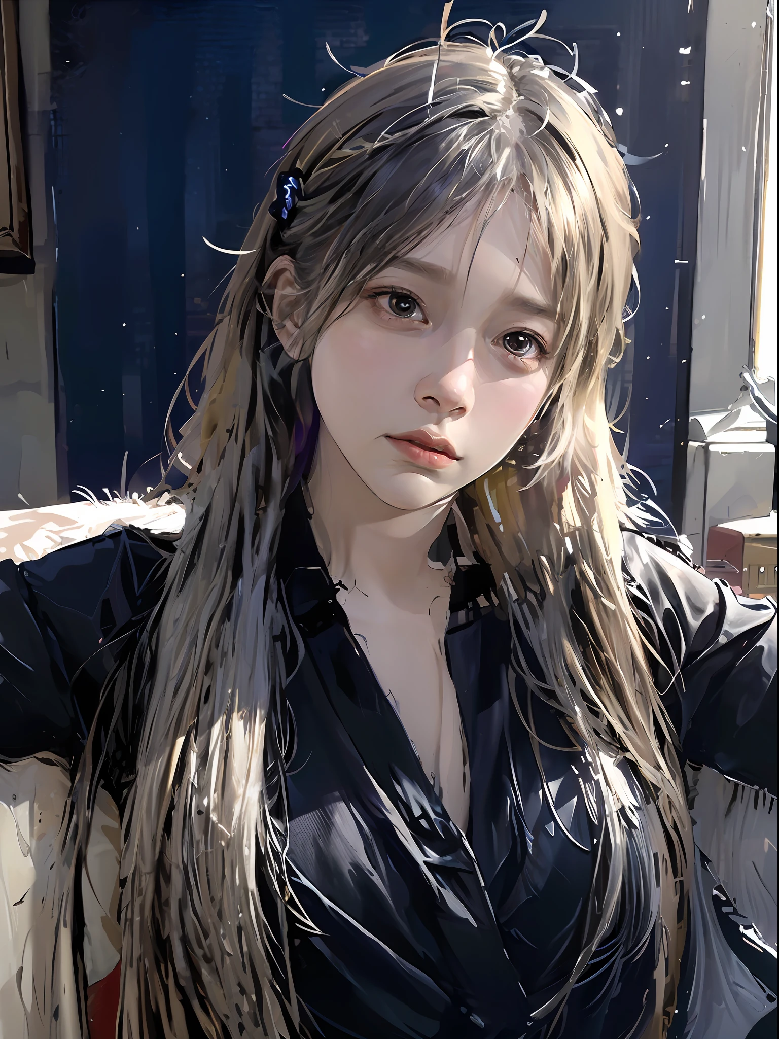 Hyperrealist portrait of female by david hockney and alphonse mucha,fantasy art, photo realistic, dynamic lighting, artstation, poster, volumetric lighting, very detailed faces, 4 k, award winning,, 1girl, in the dark, deep shadow, low key,cowboy shot,(official clothing:1.4) ,long hair,white hair,