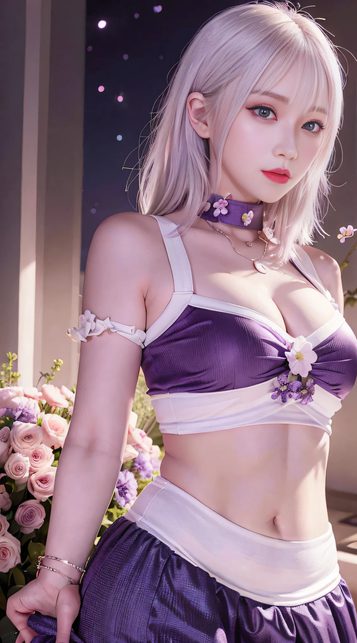 realistic, 1girl, white hair, purple eyes, glowing eyes, crop top, skirt, parted lips, blush, night, flowers, sun, sunlight,