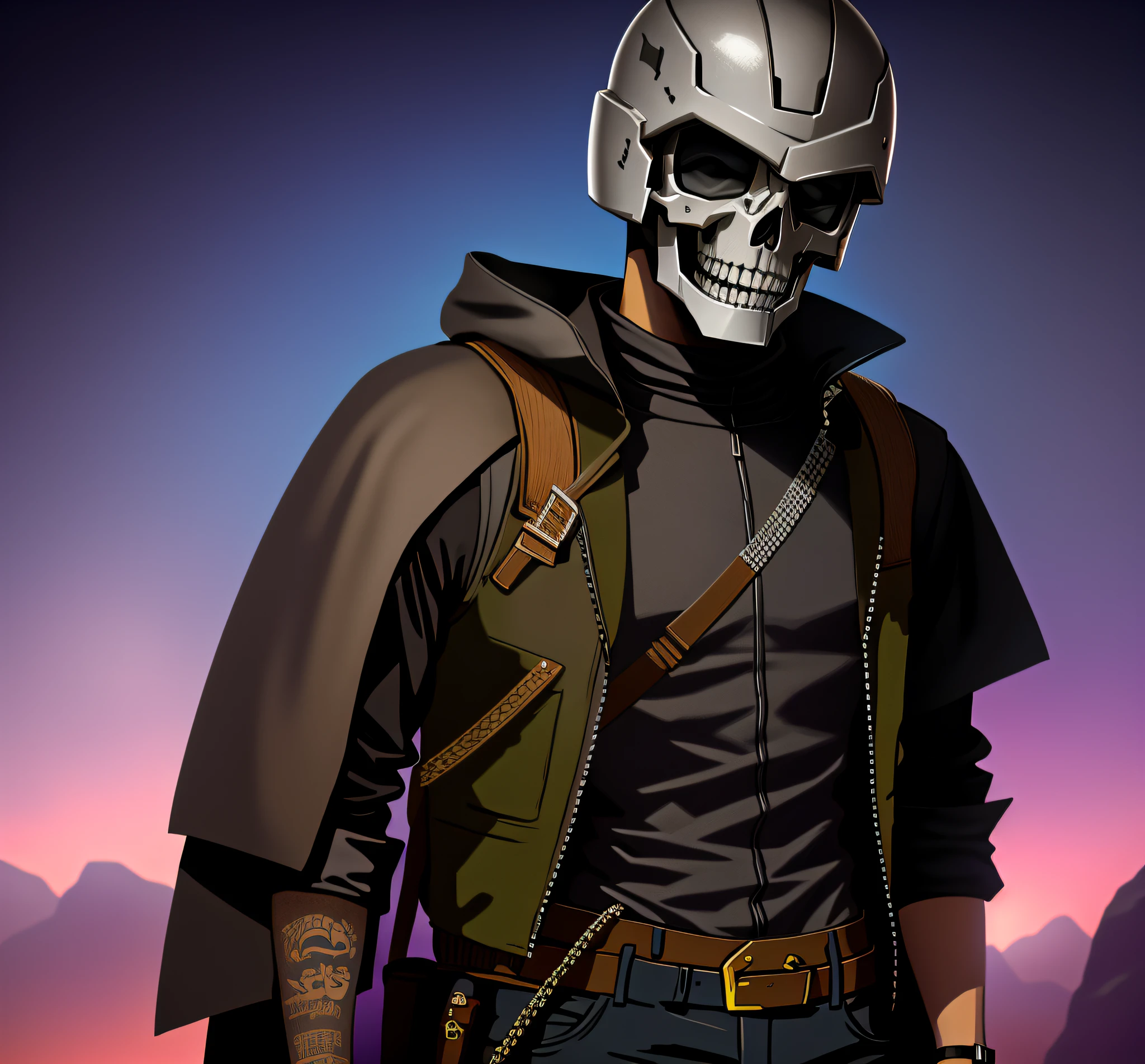 cartoon of a man with a skull face wearing a helmet, skull design for a rock band, background art, soldier outfit, skull image on vest, stylized digital illustration