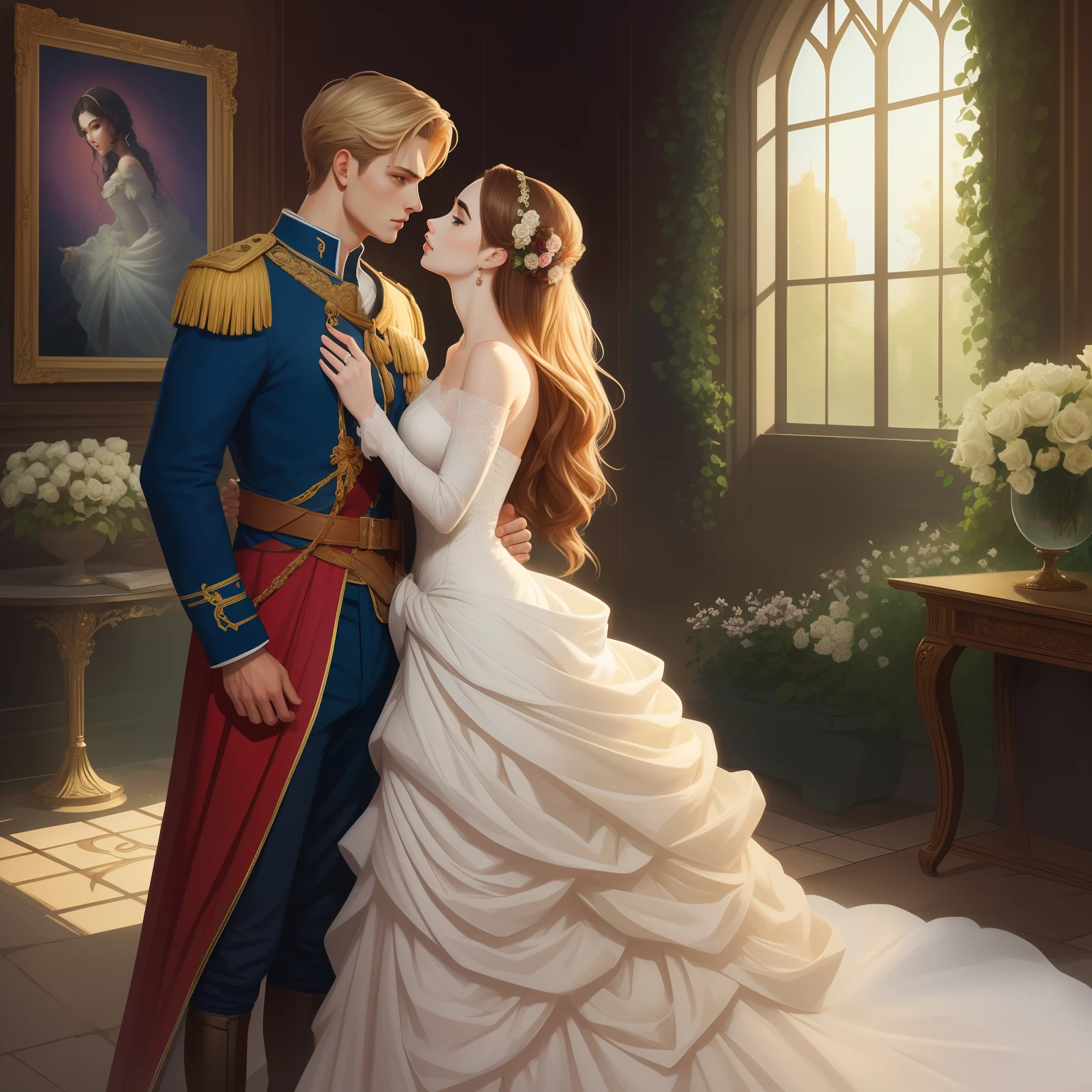 Couple kisses a home and a woman with great affection, the man Neels Visser is a prince who has golden blond hair, wears a medieval military outfit and is in love with the commoner the woman Lily Collins, who has black curly dark hair and wears a dress red, illustration of a romance book cover with a detailed, smooth, bright background filled with ivy-covered flowers and red roses, castle, ornate dress standing on a bed of roses, rim light, dynamic lighting, ethereal lighting, ultra detail, concept art, elegant, surreal, art by Lisa Aisato, Greg Hildebrandt, Citemer Liu, Stjepan Sejic, Samyang, Aykut Aydogdu, Justin Gerard, Alphonse Mucha, Artgerm, WLOP and Greg Rutkowski