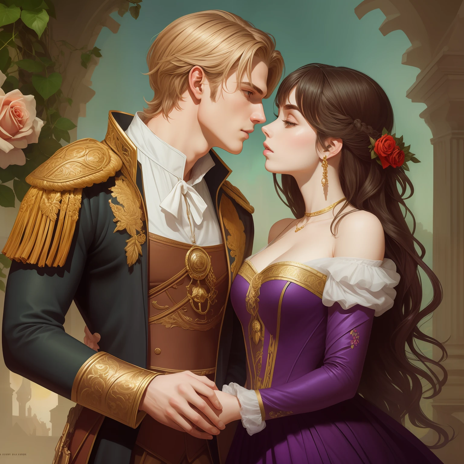 Couple kisses a home and a woman with great affection, the man Neels Visser is a prince who has golden blond hair, wears a medieval military outfit and is in love with the commoner the woman Lily Collins, who has black curly dark hair and wears a dress red, illustration of a romance book cover with a detailed, smooth, bright background filled with ivy-covered flowers and red roses, castle, ornate dress standing on a bed of roses, rim light, dynamic lighting, ethereal lighting, ultra detail, concept art, elegant, surreal, art by Lisa Aisato, Greg Hildebrandt, Citemer Liu, Stjepan Sejic, Samyang, Aykut Aydogdu, Justin Gerard, Alphonse Mucha, Artgerm, WLOP and Greg Rutkowski