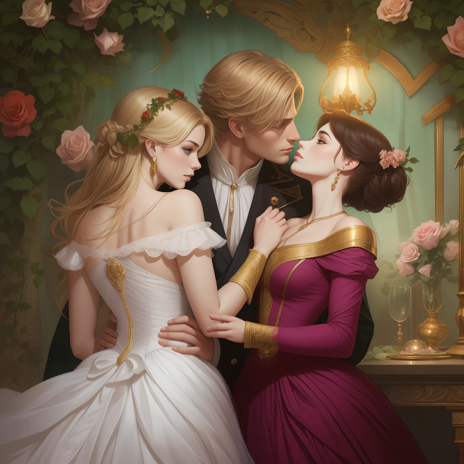 Couple kisses a home and a woman with great affection, the man Neels Visser is a prince who has golden blond hair, wears a medieval military outfit and is in love with the commoner the woman Lily Collins, who has black curly dark hair and wears a dress red, illustration of a romance book cover with a detailed, smooth, bright background filled with ivy-covered flowers and red roses, castle, ornate dress standing on a bed of roses, rim light, dynamic lighting, ethereal lighting, ultra detail, concept art, elegant, surreal, art by Lisa Aisato, Greg Hildebrandt, Citemer Liu, Stjepan Sejic, Samyang, Aykut Aydogdu, Justin Gerard, Alphonse Mucha, Artgerm, WLOP and Greg Rutkowski