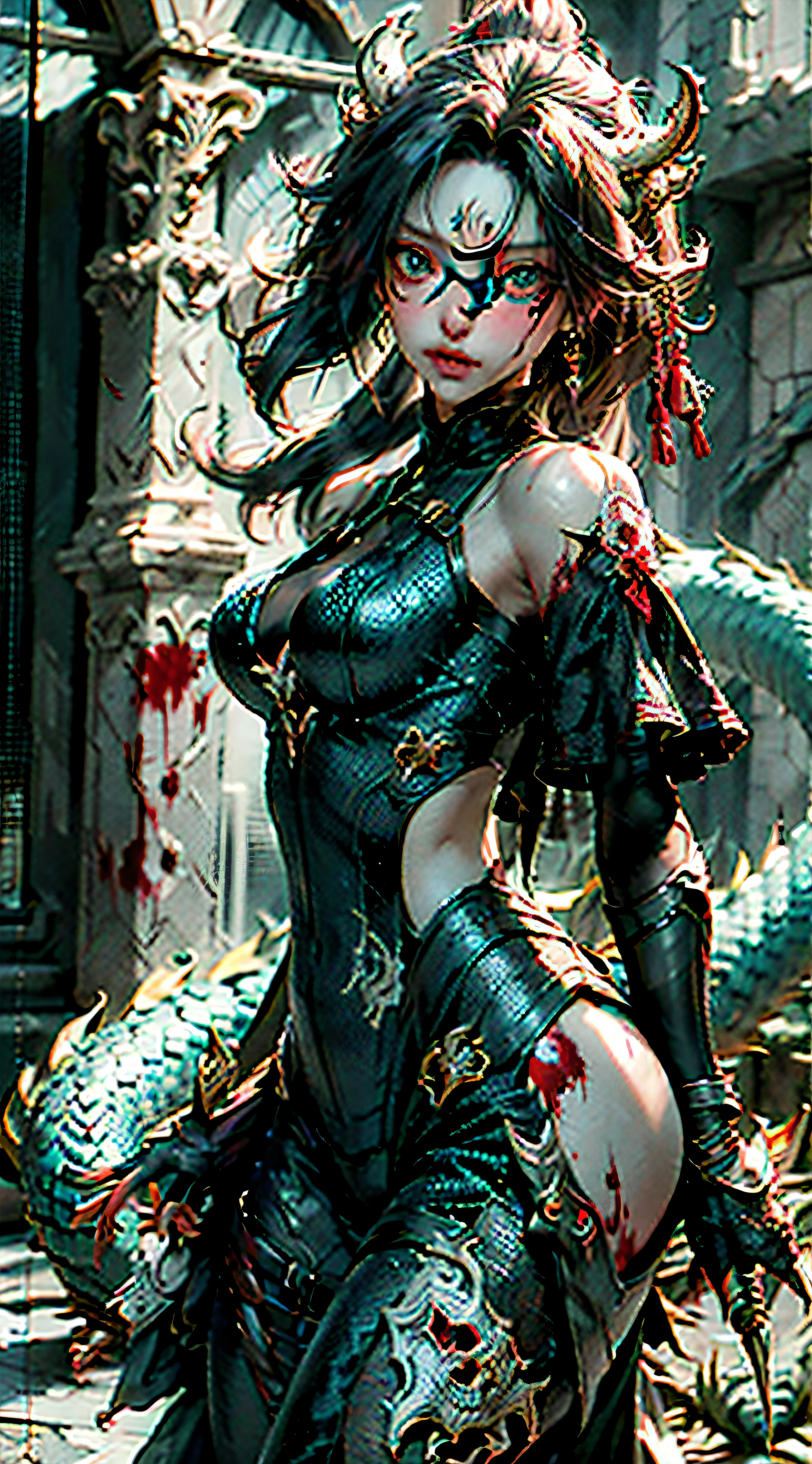 ((Best Quality)), ((Masterpiece)), (Detail: 1.4), 3D, A Beautiful Female Figure, Bloodstained, Motled, Scarlet Eyes, White Hair, Fangs, Dragon Horn, HDR (High Dynamic Range), Ray Tracing, NVIDIA RTX, Super-Resolution, Unreal 5, Subsurface Scattering, PBR Textures, Post-Processing, Anisotropic Filtering, Depth of Field, Maximum Sharpness and Clarity, Multi-layered Textures, Albedo and specular mapping, surface shading, accurate simulation of light-material interactions, perfect ratio, Octane Render, two-color light, large aperture, low ISO, white balance, rule of thirds, 8K RAW, ratio 3:4