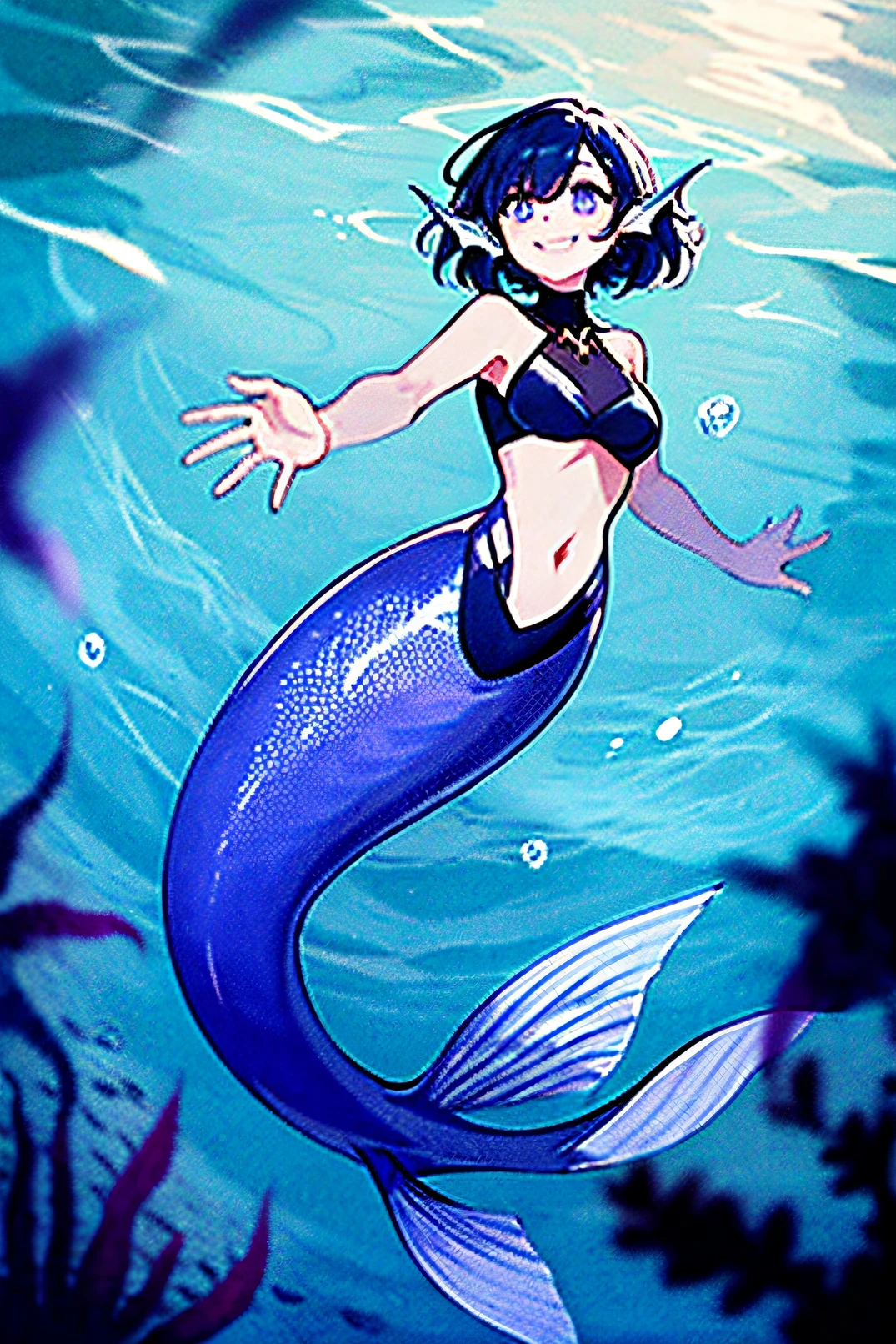 1 girl,short hair, mermaid, blue and violet fins, smile, full body, Original character, Volumetric lighting, Best shadows, Reduced depth of field, Amazingly beautiful girl, Beautiful face and delicate attractive,Vajo in the water