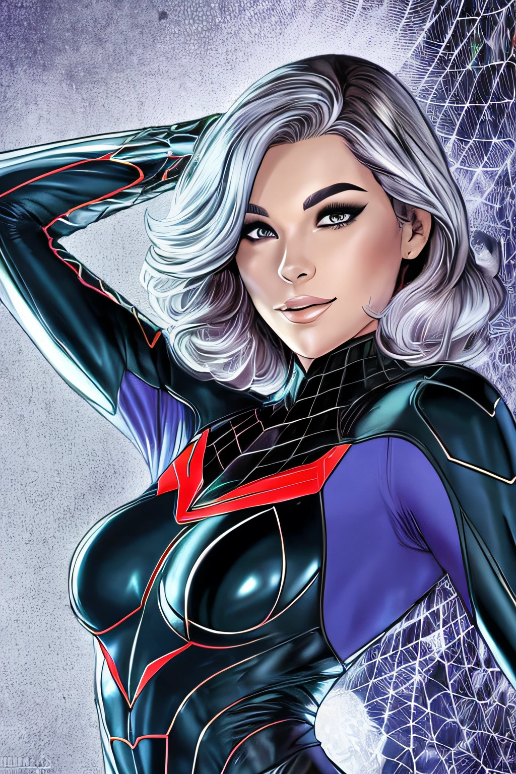 personagem, mulher com cabelo curto escarlate fazendo pose, com traje do homem aranha da cor preta com azul e o rosto descoberto mostrando sua beleza, corpo inteiro e detalhado, detalhada