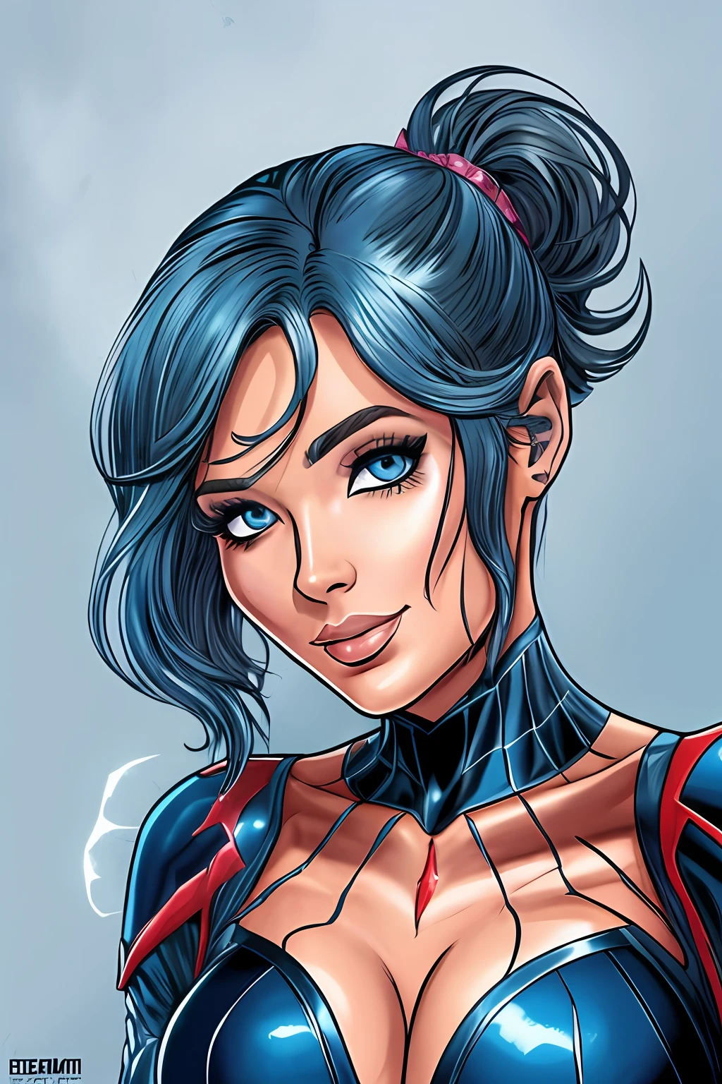 personagem, mulher com cabelo curto escarlate fazendo pose, com traje do homem aranha da cor preta com azul e o rosto descoberto mostrando sua beleza, corpo inteiro e detalhado, detalhada