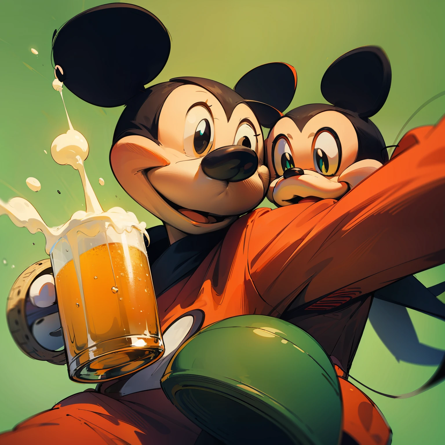 I want you to make a minimalist design, 2d, vetorizado do mickey mouse bebendo cerveja, drunk and in green and red clothes --auto