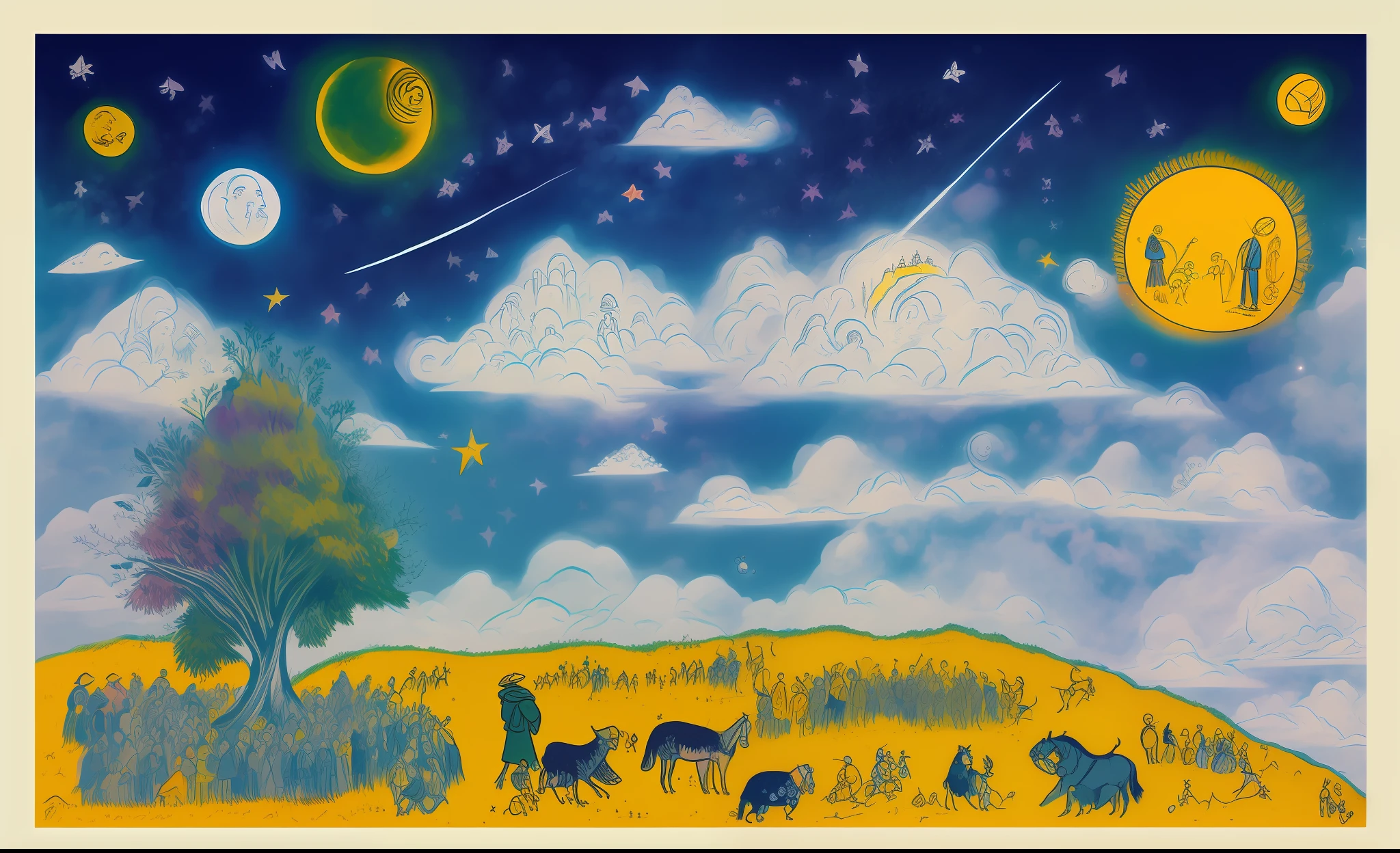 「Museum-grade masterpiece+High Quality Best Quality、Chagall-style space image、Colorful skies、starly sky、Pen touch performance、Twinkling stars、Dim Light、Revolutionary depiction of space」