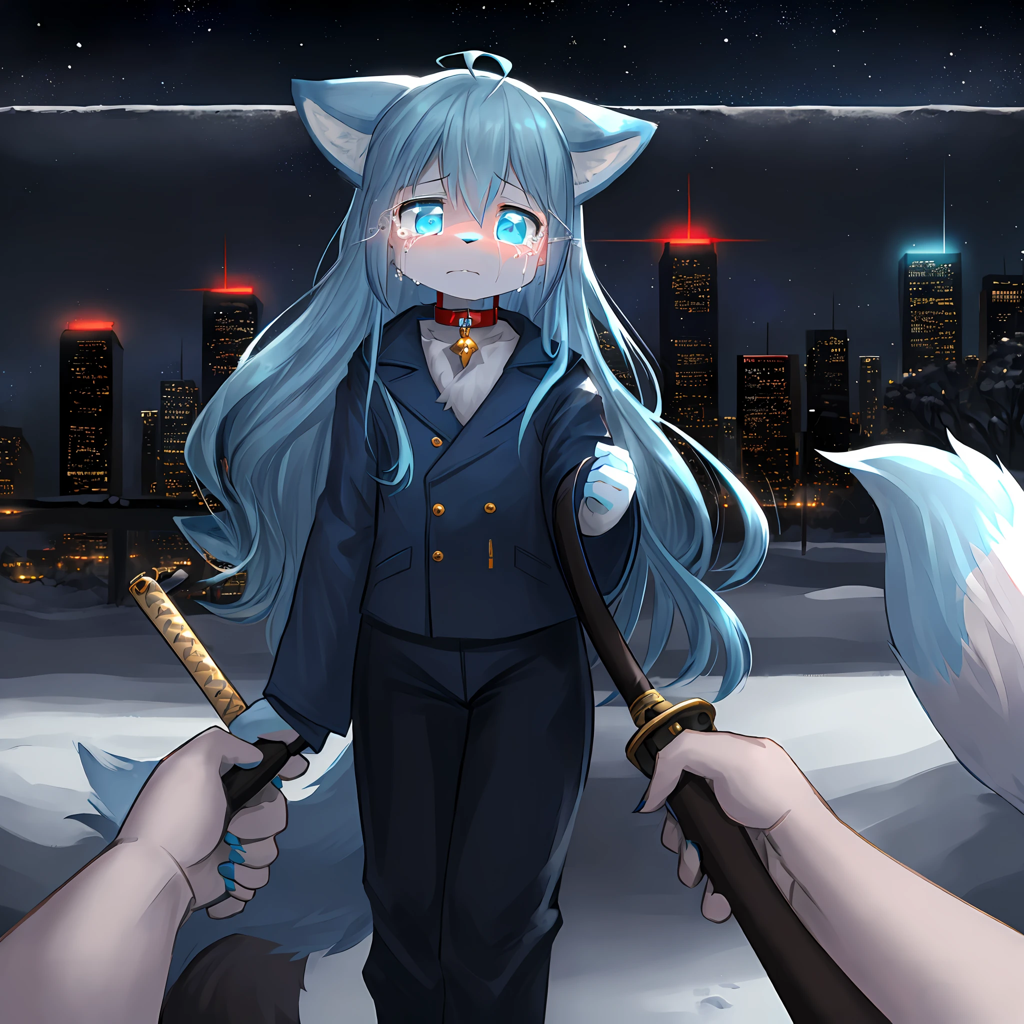 pov furry art, shota, long hair, blue eyes, glowing eyes, girl boy, neon city, snowfall, midnight, fox ears, navy blue ears, fox tail, dark blue fox, dark blue jacket, cute, collar, two tails, space katana, The god,, fur body, full body, lower body is, snow fox, charactor, Masterpiece, Fluffy Tail, current, Bashful,, Highest picture quality, 8K, Full Hd, four-eared fox, winter,   light blue hair, 10 years,  humanoid, child, gallows,Struggling with, begging for mercy, crying, Killed，dead body