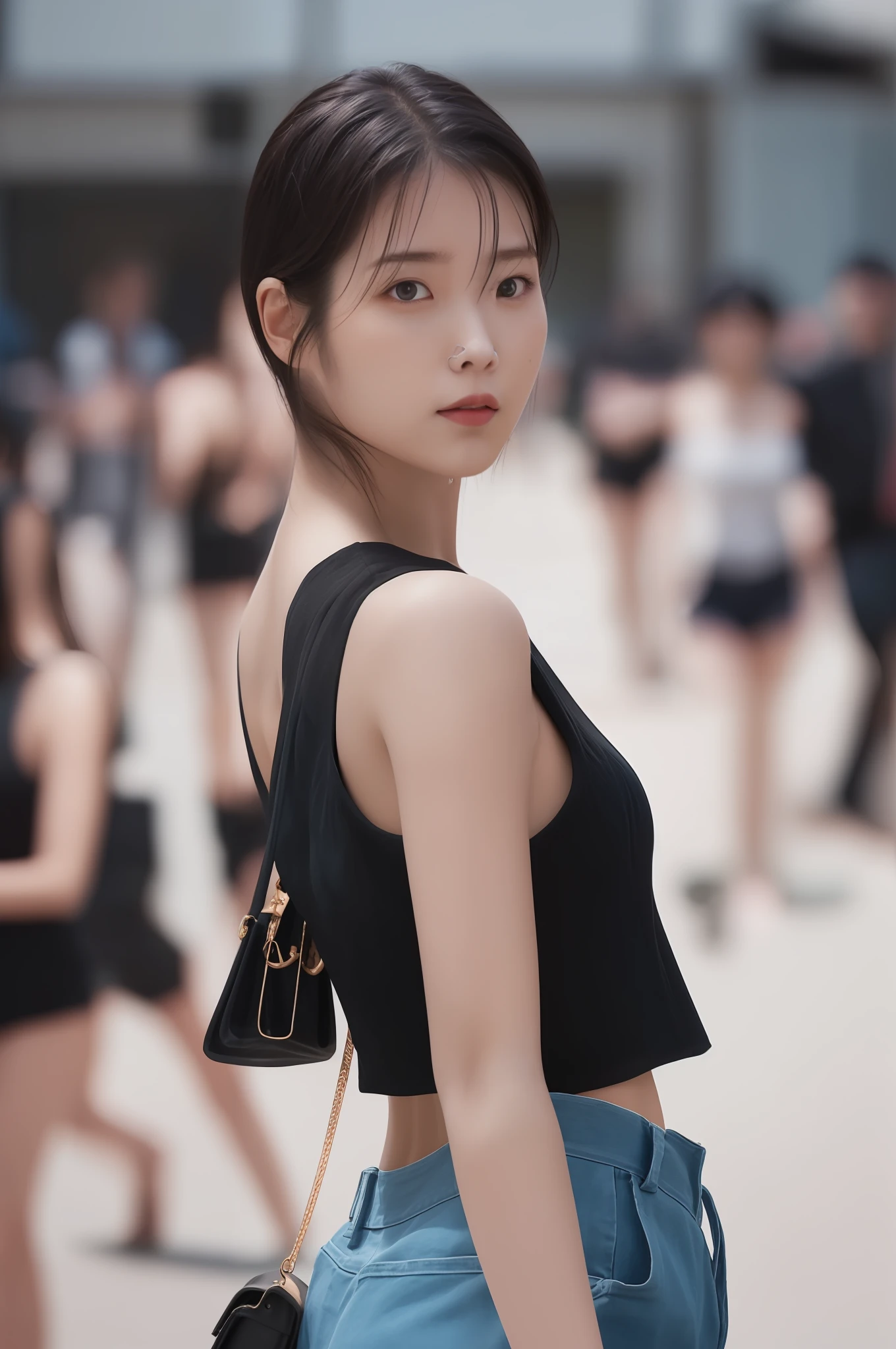 IU,1girl,solo,woman,complex 3d render ultra detailed, smile, portrait of beautiful woman, moody portrait, striking features, beauty, intricate details, dramatic composition, tension, contrast, texture, realism, high-quality rendering, stunning art, high quality, film grain, Fujifilm XT3,swirly bokeh,(realistic, photo-realistic:1.4),RAW photo,physically-based rendering,(looking at viewer:1.4),(8k, best quality, masterpiece:1.2),(full body shot:1.2),octane render,extremely detailed CG, unity 8k wallpaper,in street,urban,city,(studio soft light,sunlight:1.1),hyper realistic detail shiny skin,ultra detailed,(standing:1.1),(a girl is wearing sleeveless:1.5),(ultra realistic:1.5),(intricate:1.1),(photorealistic:1.4),1girl,(skinny:1.3),detailed background ,(huge breasts:1.2) hard nips, nice ass, long legs