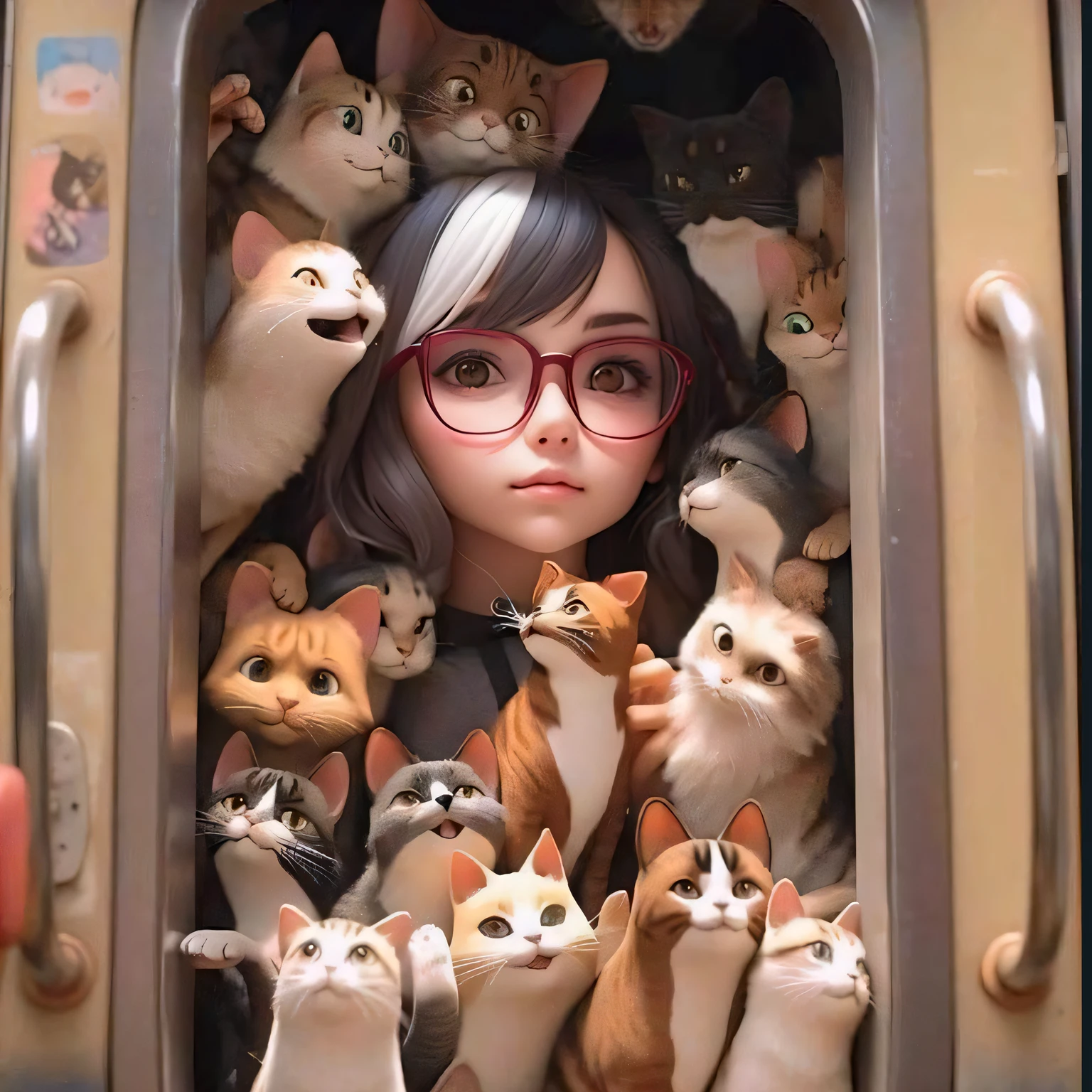 Put a pair of glasses on the girl and change her hair to white, somente a imagem selecionada, e manter a arte original da imagem