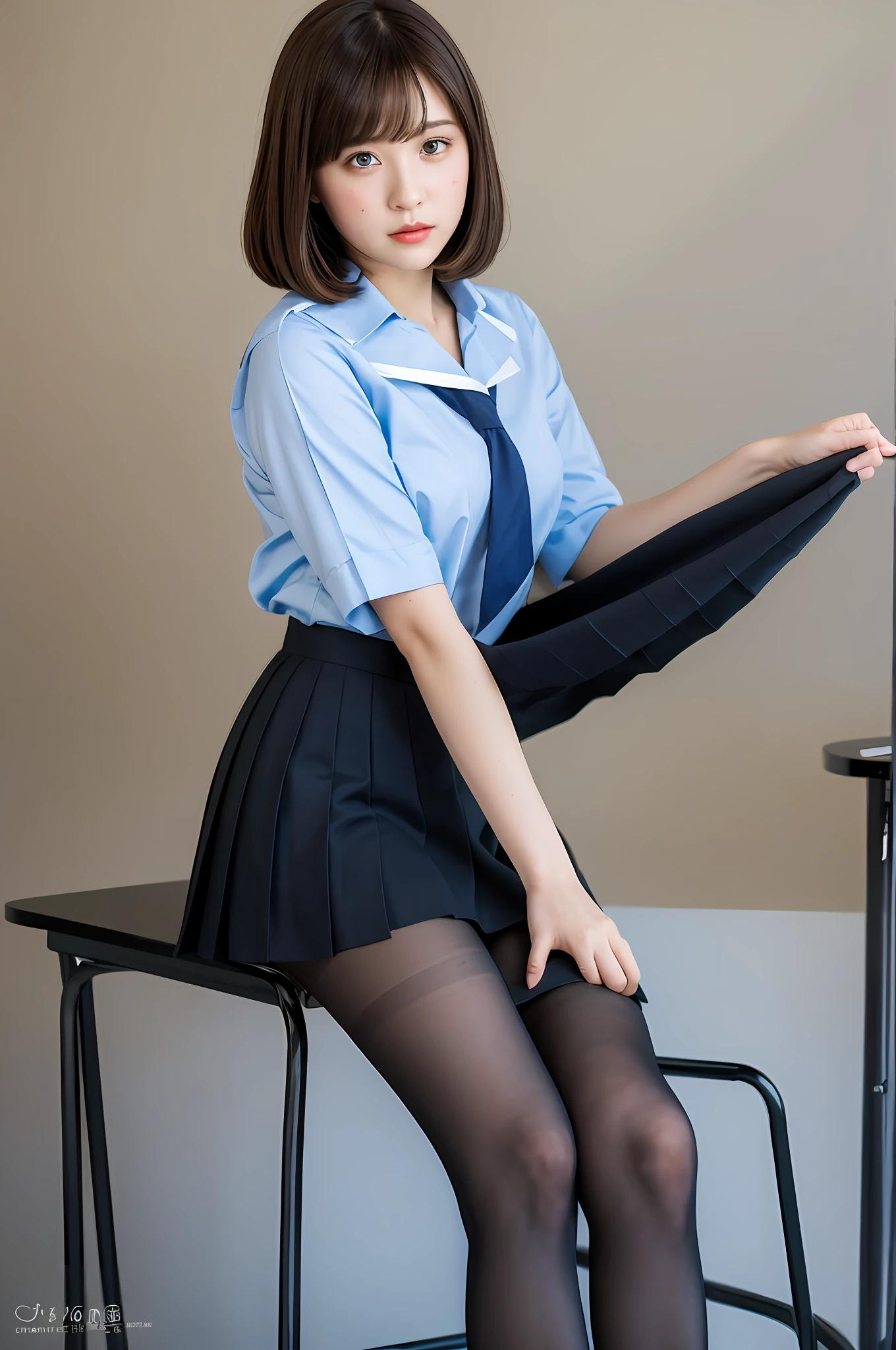 Masterpiece, top quality, ultra high definition, colorful, flat color
1 girl, sitting, watching viewer, school, classroom, pleated mini skirt, take off school uniform, black pantyhose, detailed touch, detailed cloth texture, beautiful detailed face, adult atmosphere, exposure, upper body up, short hair