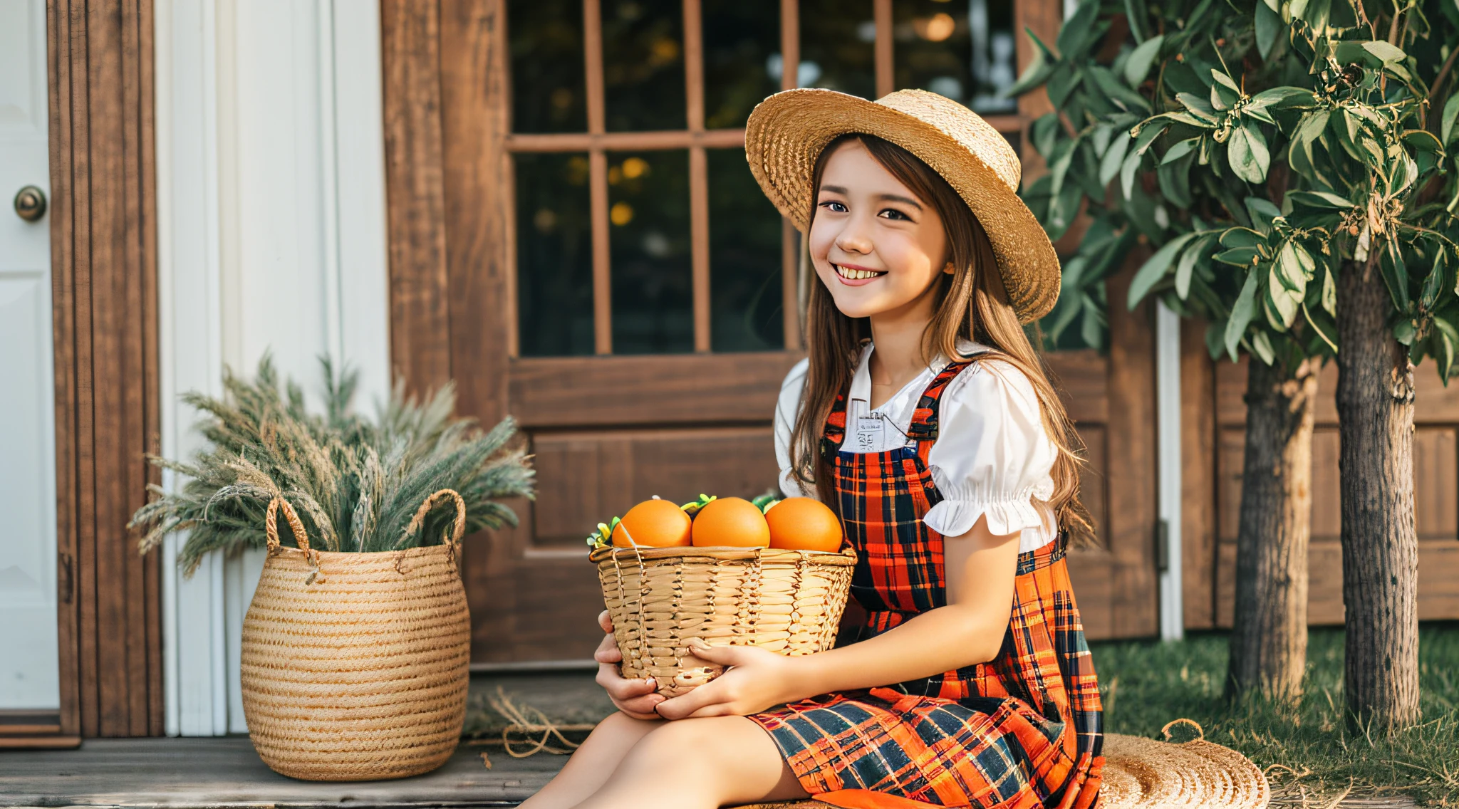 there is a young girl sitting on the floor holding a basket of oranges, wearing orange sundress, girl, cute young girl, cute girl, petite girl, by Juan O'Gorman, wearing a red plaid dress, wearing farm clothes, girl venizian, with straw hat, oranges, red dress and hat, happy girl, wearing a straw hat and overalls
