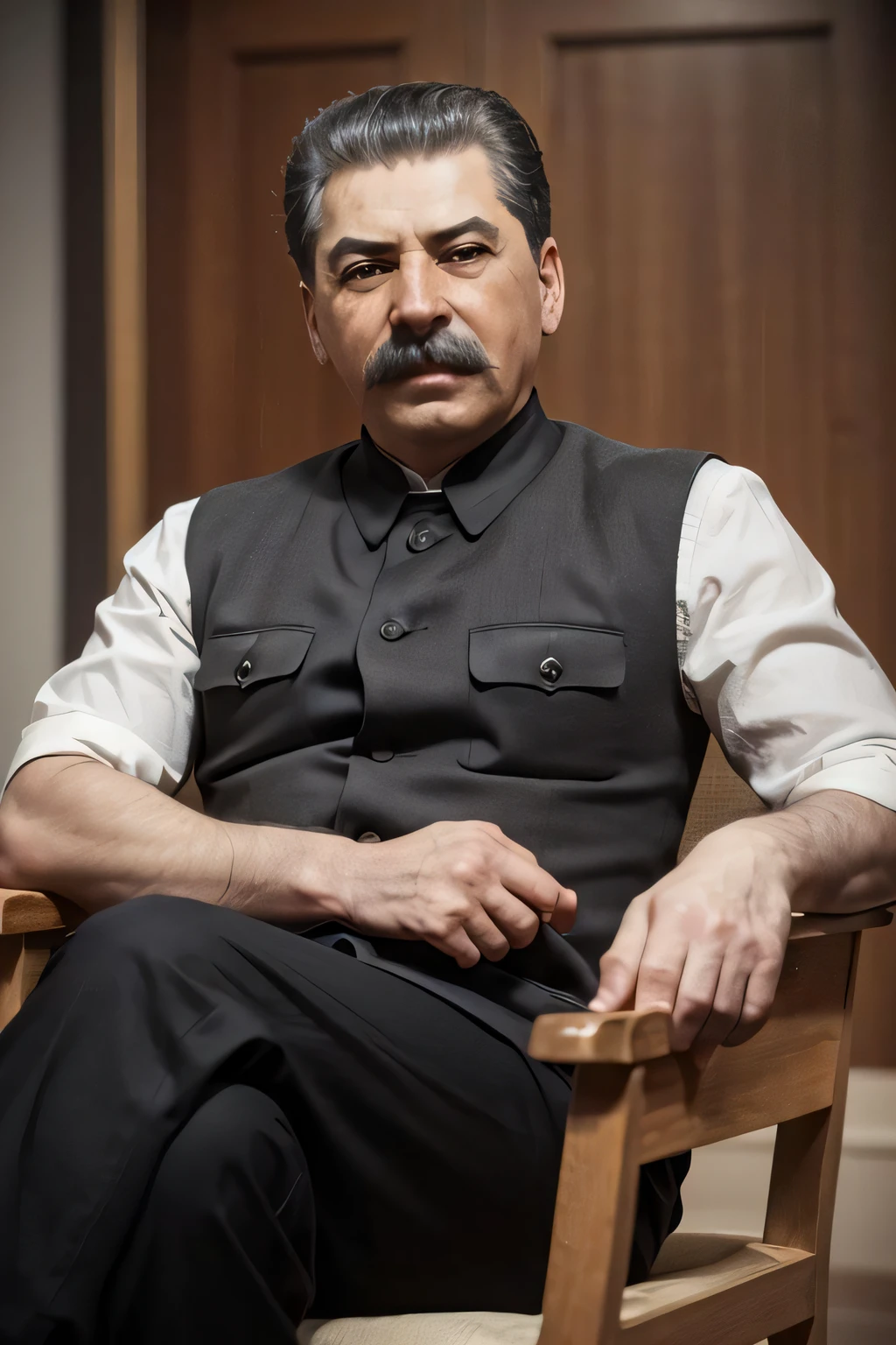 (A medium photo of Joseph Stalin, up),wearing(black vest,white shirt),sitting on chair,indoor,(masterpiece:1.2) (photorealistic:1.2) (bokeh) (best quality) (detailed skin) (intricate) (8k) (HDR) (cinematic lighting) (sharp focus) (Clutter-Home:1.2),