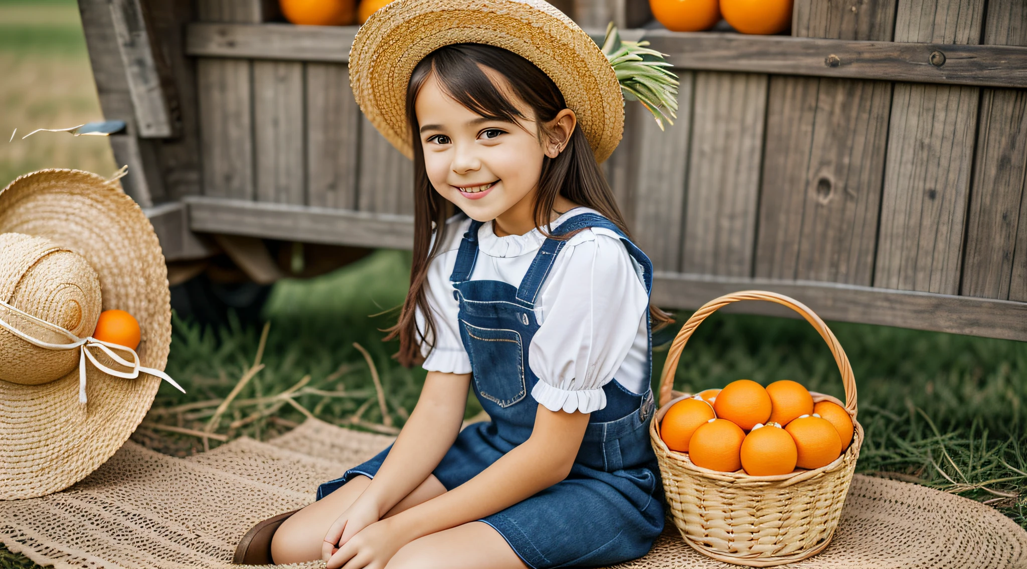 there is a young girl sitting on the floor holding a basket of oranges, wearing orange sundress, girl, cute young girl, cute girl, petite girl, by Juan O'Gorman, wearing a red plaid dress, wearing farm clothes, girl venizian, with straw hat, oranges, red dress and hat, happy girl, wearing a straw hat and overalls