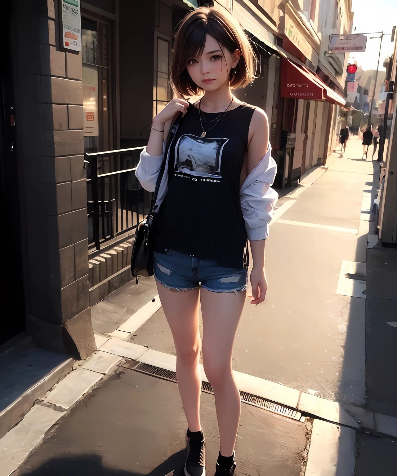 ((middle breasts, Girls-Tomboys, Small head)), daylight, sunlight, (chiseled press: 1,1),Extra short denim skirt (Perfect body: 1,1), (short wavy hair: 1,2), auburn hair, collar,, chain, Full-body shot, Crowded street, in a black T-shirt, denim jacket, ((shorts)), (чрезвычайно детализированные обои CG 8k), wet T-shirt(Extremely delicate and beautiful), (masterpiece), (Best Quality: 1.0), (an ultra-High resolution: 1.0), Beautiful lighting, Perfect lighting, Realistic shadows, [High Resolution], detailed skin, an ultra-detailed