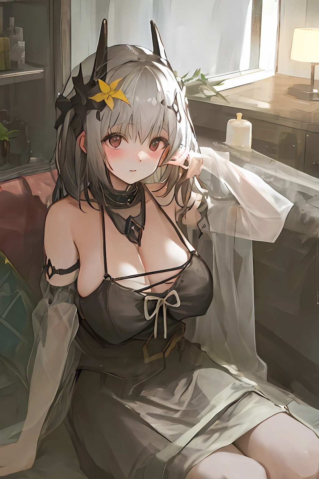Man Woman、Huge Tits、young、night landscape、rainting、Lit up、Long、A black、Bust-up、、high Quality、delicate、turning sideways、exterior