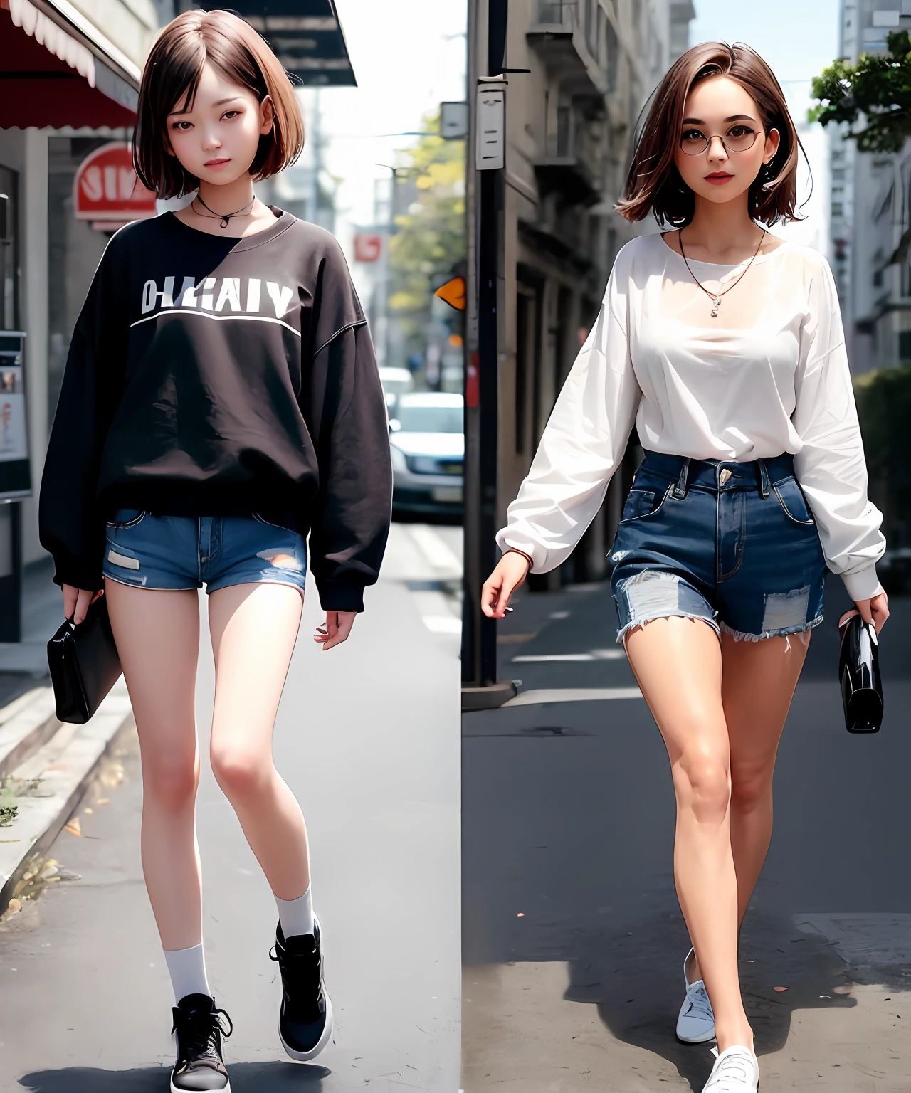 ((middle breasts, Girls-Tomboys, Small head)), daylight, sunlight, (chiseled press: 1,1),Extra short denim skirt (Perfect body: 1,1), (short wavy hair: 1,2), auburn hair, collar,, chain, Full-body shot, Crowded street, in a black T-shirt, denim jacket, ((shorts)), (чрезвычайно детализированные обои CG 8k), wet T-shirt(Extremely delicate and beautiful), (masterpiece), (Best Quality: 1.0), (an ultra-High resolution: 1.0), Beautiful lighting, Perfect lighting, Realistic shadows, [High Resolution], detailed skin, an ultra-detailed