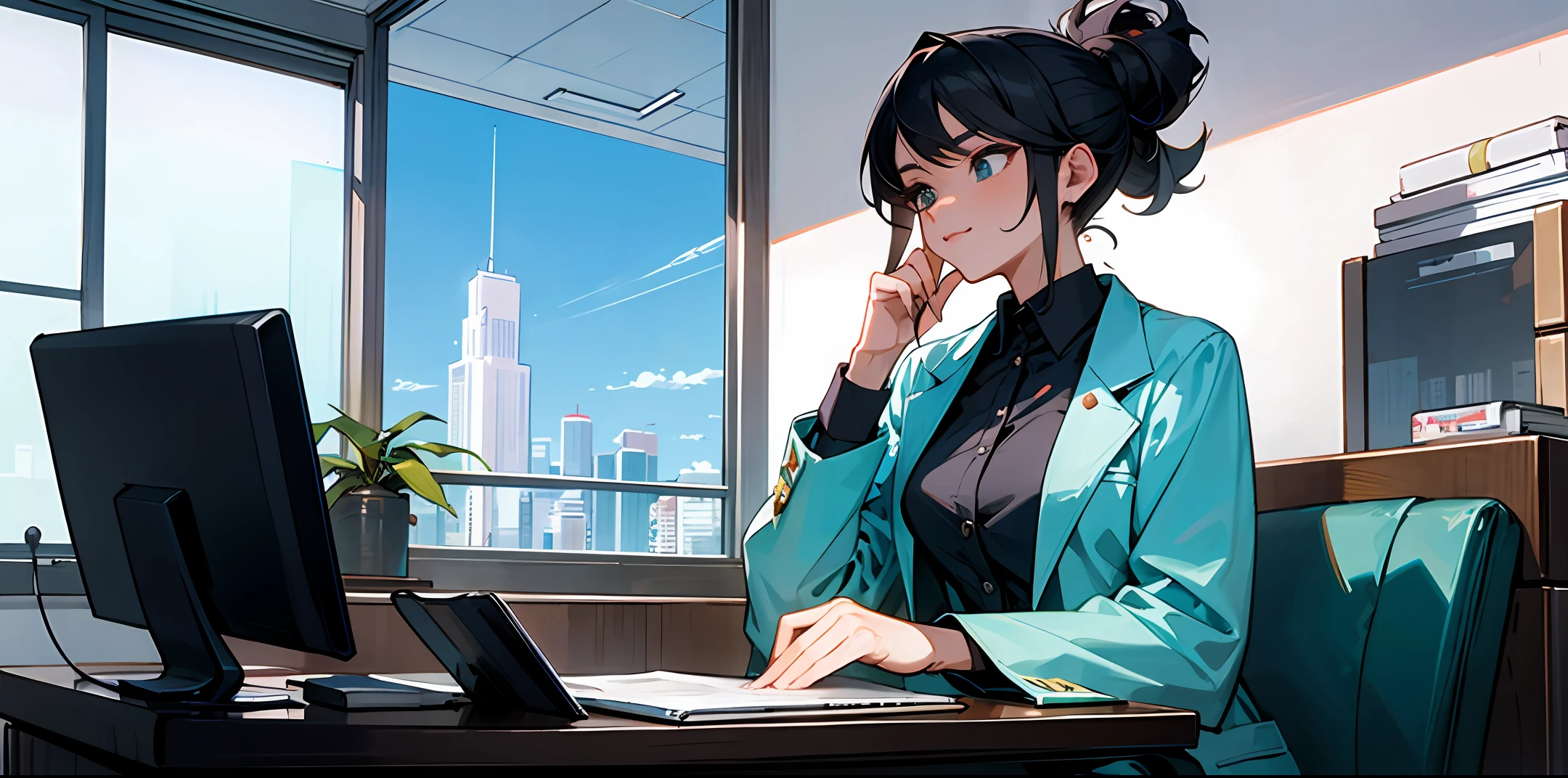 Desenho 2d estilo mangá. Elegant businesswoman, Beautiful and confident sitting in her sleek and modern doctor's office.
De frente para o espectador. Em cima da mesa, computador, Agenda and Orchid Pot.
Ela usa uma camisa branca crocante com um blazer afiado, And her black hair is stylized in a sleek and professional updo. His expression is focused and determined, with a hint of smile that conveys your inner strength and confidence. Ao fundo, uma grande janela oferece uma vista deslumbrante do horizonte da cidade, with tall buildings and busy streets visible below. The general mood is one of power and ambition, capturing the strength and determination of a woman well-sucedida no ambiente de trabalho.