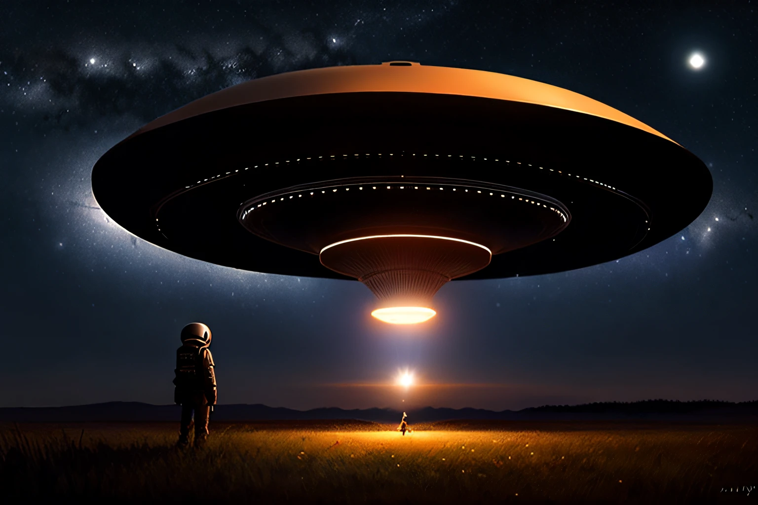 dark midnight, stars on the sky, big pine trees, giant higly detailed ((UFO:1.2)) in sky, kidnapping a deer with a light beam, (photorealistic:1.1), masterpiece, trend on artstation, by wlop, high resolution, detailed,, Naoki Urasawa, Constantin Hansen