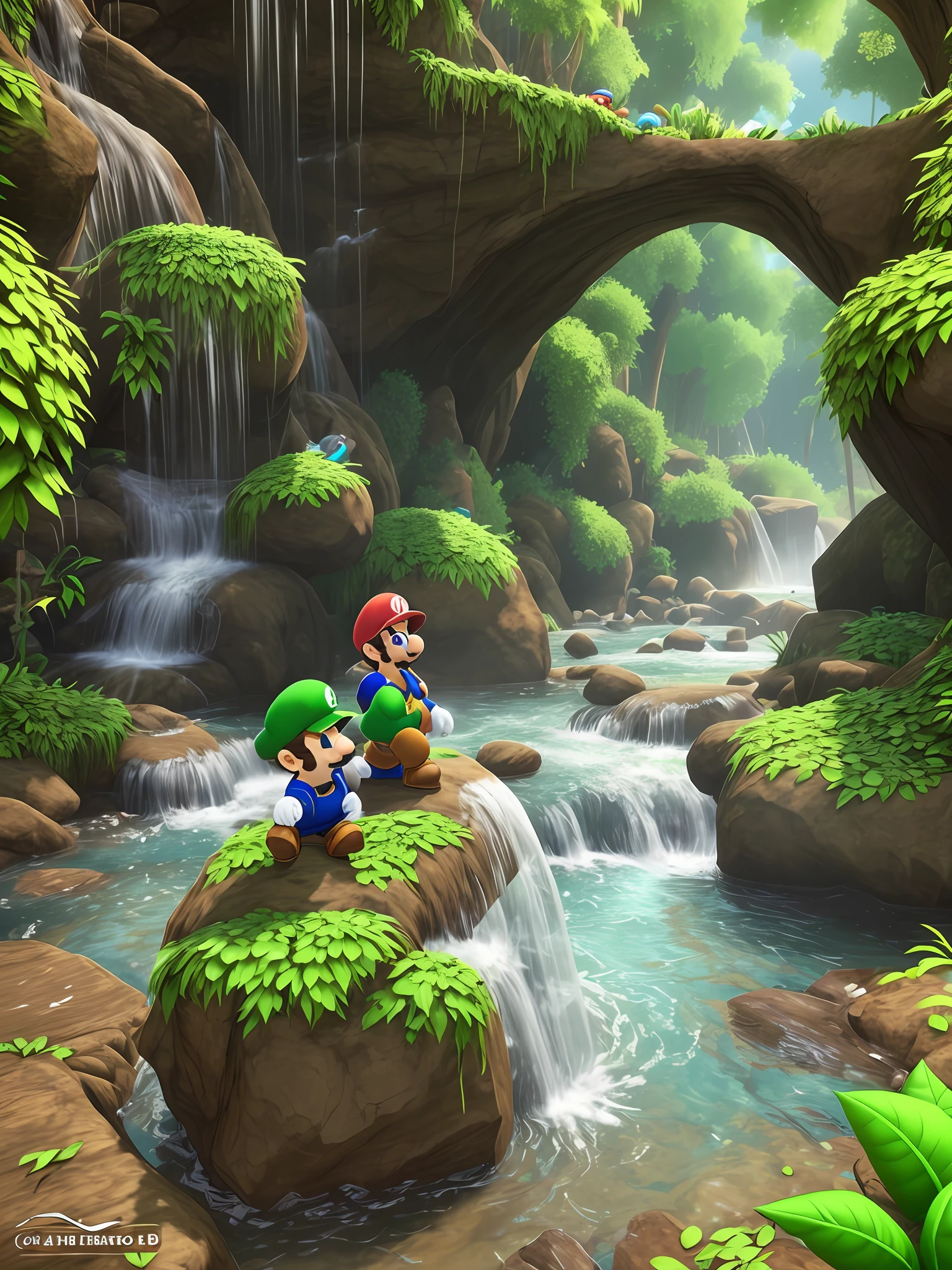 mario bros e luigi pulando em uma cachoeira cristalina com cogumelos e grama verde, video-game scene, 3d, ultra-detailed, 8k, uhd --auto --s2