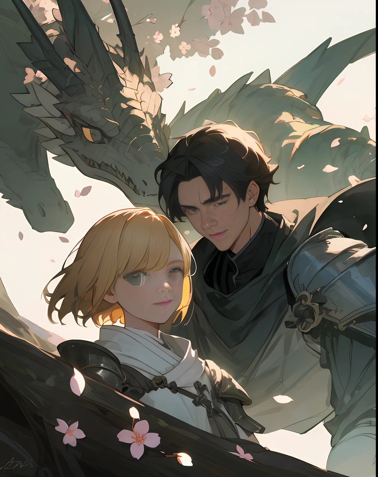 ((sthe highest qualit、Masterpiece、)), comic art、Concept art、watercolor、((2人の男))、Beautiful blonde man、Short-haired black hair、Man in white robes、Dragon Knight、Black armor、FANTASY、woods、flowers in bloom、sunsight、Fantastic light and shadow、Landscapes、extremely detailed faces、portrait painting、smileing、posing, Particles, Wind, blossoms, simple background, Uses backlight and rim light