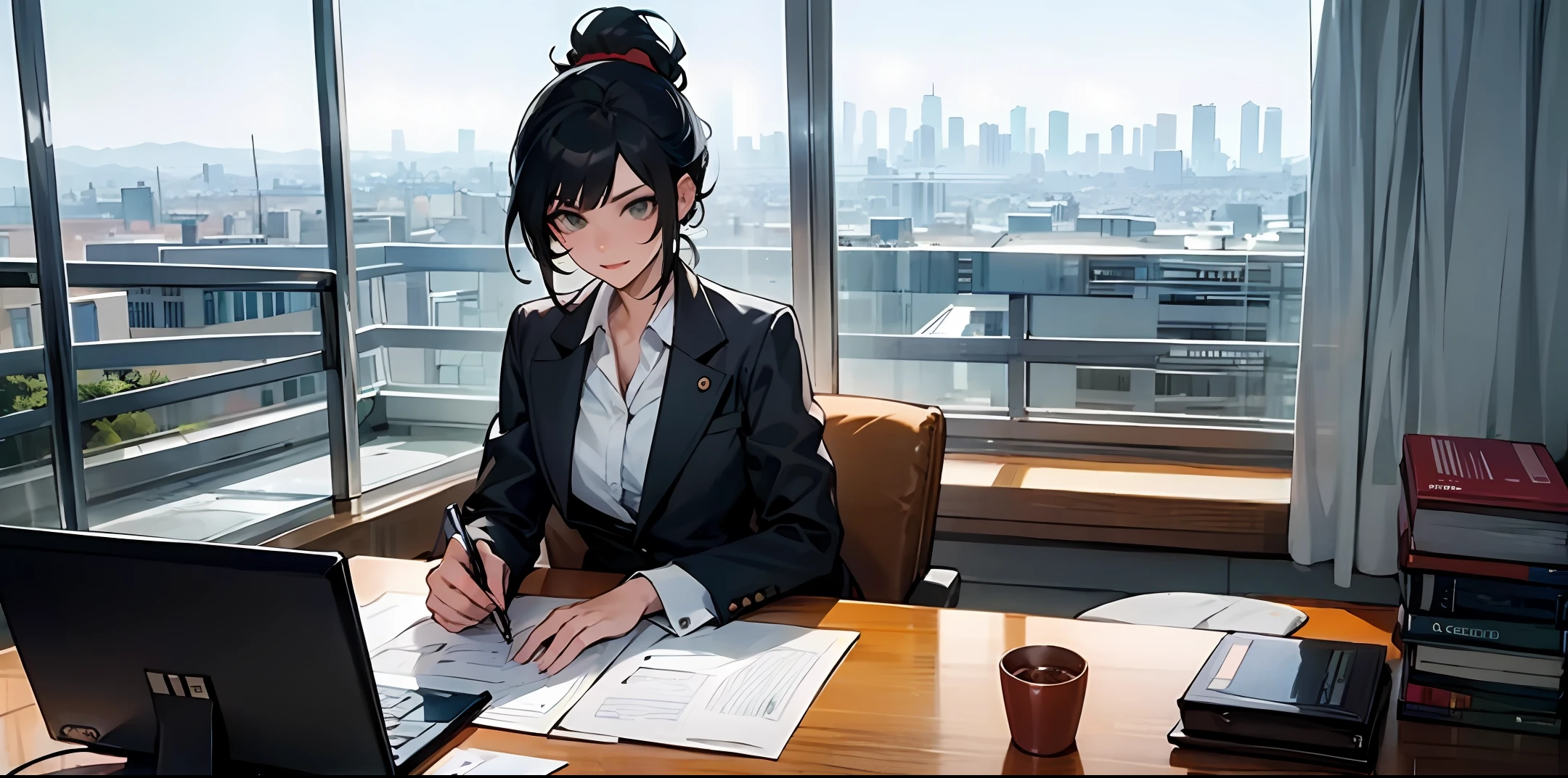 Desenho 2d estilo mangá. Elegant businesswoman, Beautiful and confident sitting in her sleek and modern doctor's office.
De frente para o espectador. Em cima da mesa, computador, Agenda and Orchid Pot.
Ela usa uma camisa branca crocante com um blazer afiado, And her black hair is stylized in a sleek and professional updo. His expression is focused and determined, with a hint of smile that conveys your inner strength and confidence. Ao fundo, uma grande janela oferece uma vista deslumbrante do horizonte da cidade, with tall buildings and busy streets visible below. The general mood is one of power and ambition, capturing the strength and determination of a woman well-sucedida no ambiente de trabalho.