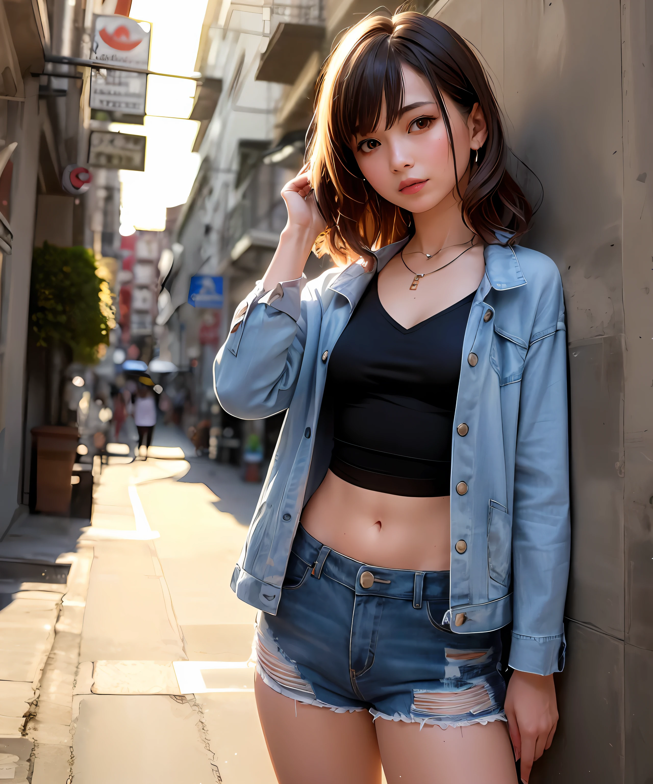 ((middle breasts, Girls-Tomboys, Small head)), daylight, sunlight, (chiseled press: 1,1),Extra short denim skirt (Perfect body: 1,1), (short wavy hair: 1,2), auburn hair, collar,, chain, Full-body shot, Crowded street, in a black T-shirt, denim jacket, ((shorts)), (чрезвычайно детализированные обои CG 8k), wet T-shirt(Extremely delicate and beautiful), (masterpiece), (Best Quality: 1.0), (an ultra-High resolution: 1.0), Beautiful lighting, Perfect lighting, Realistic shadows, [High Resolution], detailed skin, an ultra-detailed