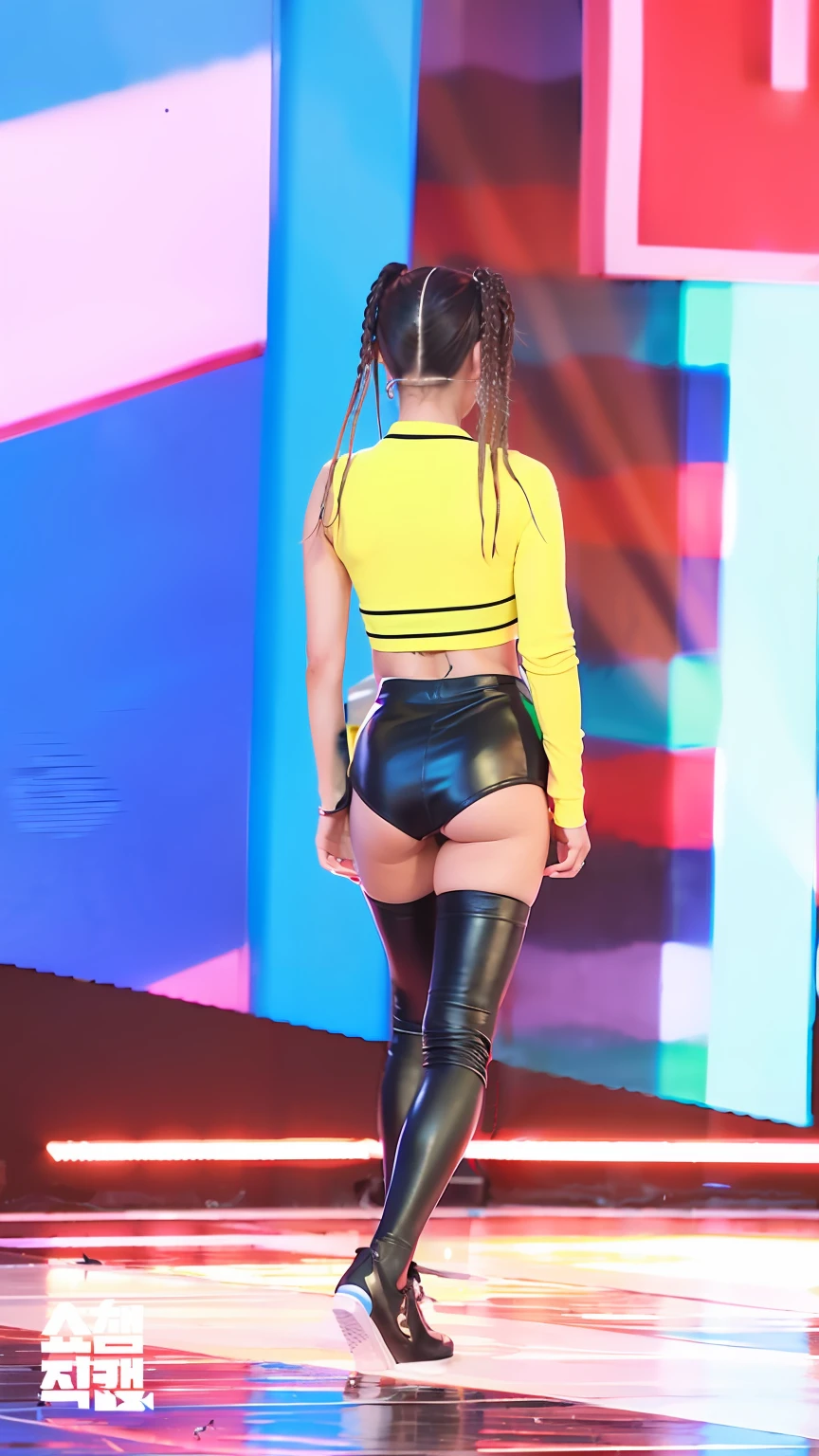 Masterpiece、、8K、gorgeou、Woman on stage、Cool costumes、back view、(Black Leather Tight Mini Skirt:1.7)、short skirts、((Flipped skirt))、Skirt raised、underwear、can see panties、Shining ass、(Protruding buttocks)、glowing thigh、Long black socks、Black sneakers