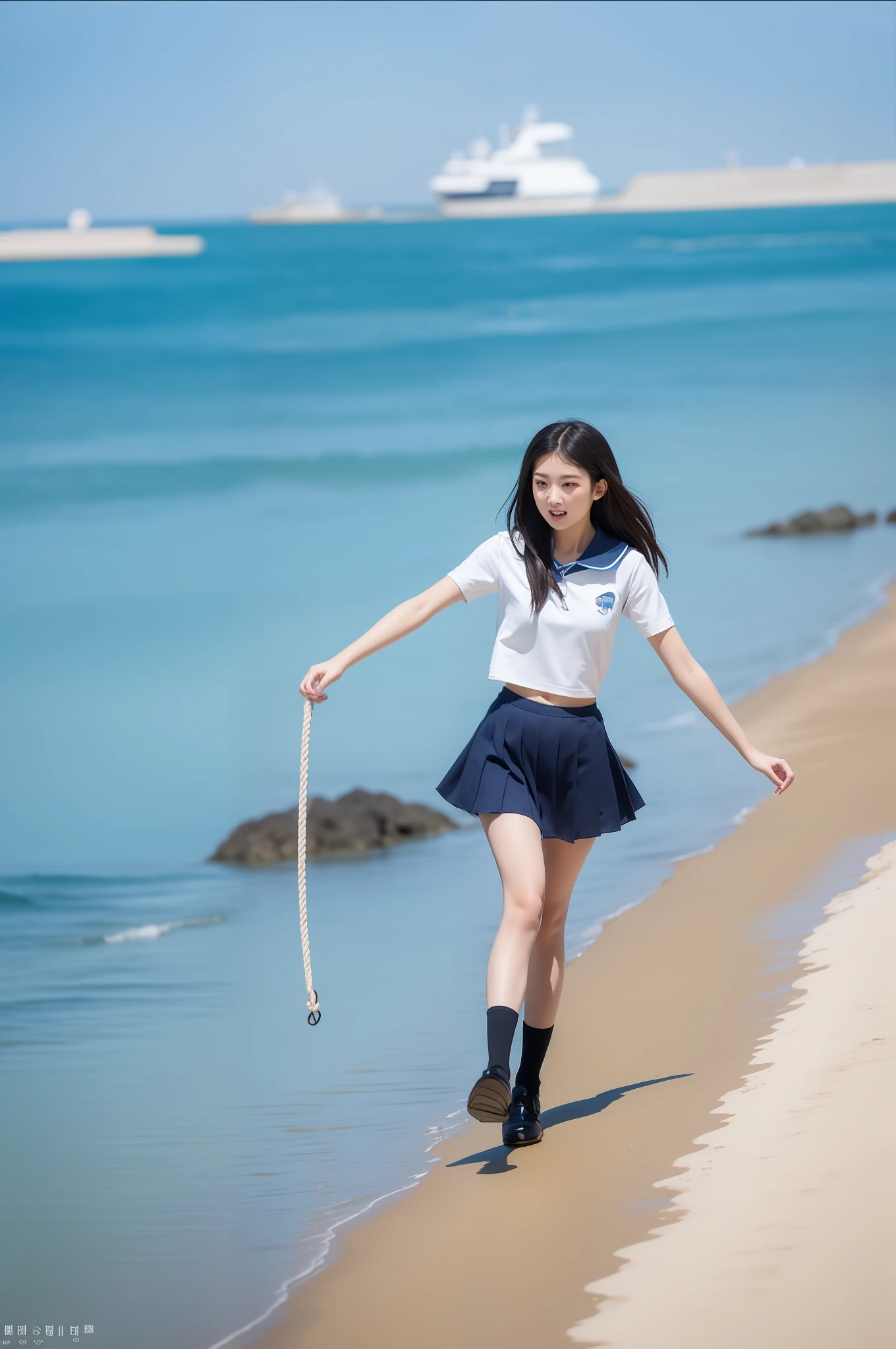 there is a woman walking along the beach with a rope, Qingfu, jaeyeon nam, taejune kim, Japanese girl school uniform, Girl in uniform, Bae Suzy, anime girl walking on water, japanese school uniform, wearing Japanese school uniform, sailor uniform, near a jetty, loose coat collar sailor uniform, kantai collection style, young gravure idol