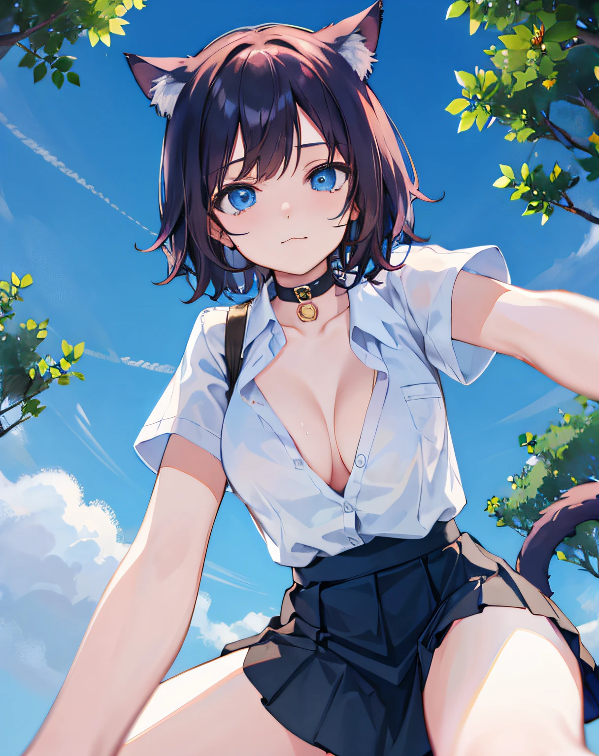 1girl, large breasts, black hair, short hair, cat_girl, blue eyes, cat_ears, cat_tail, pov, from below, trees, forest, all_fours, {{catmouth, ;3, smug}}, cleavage, short skirt,