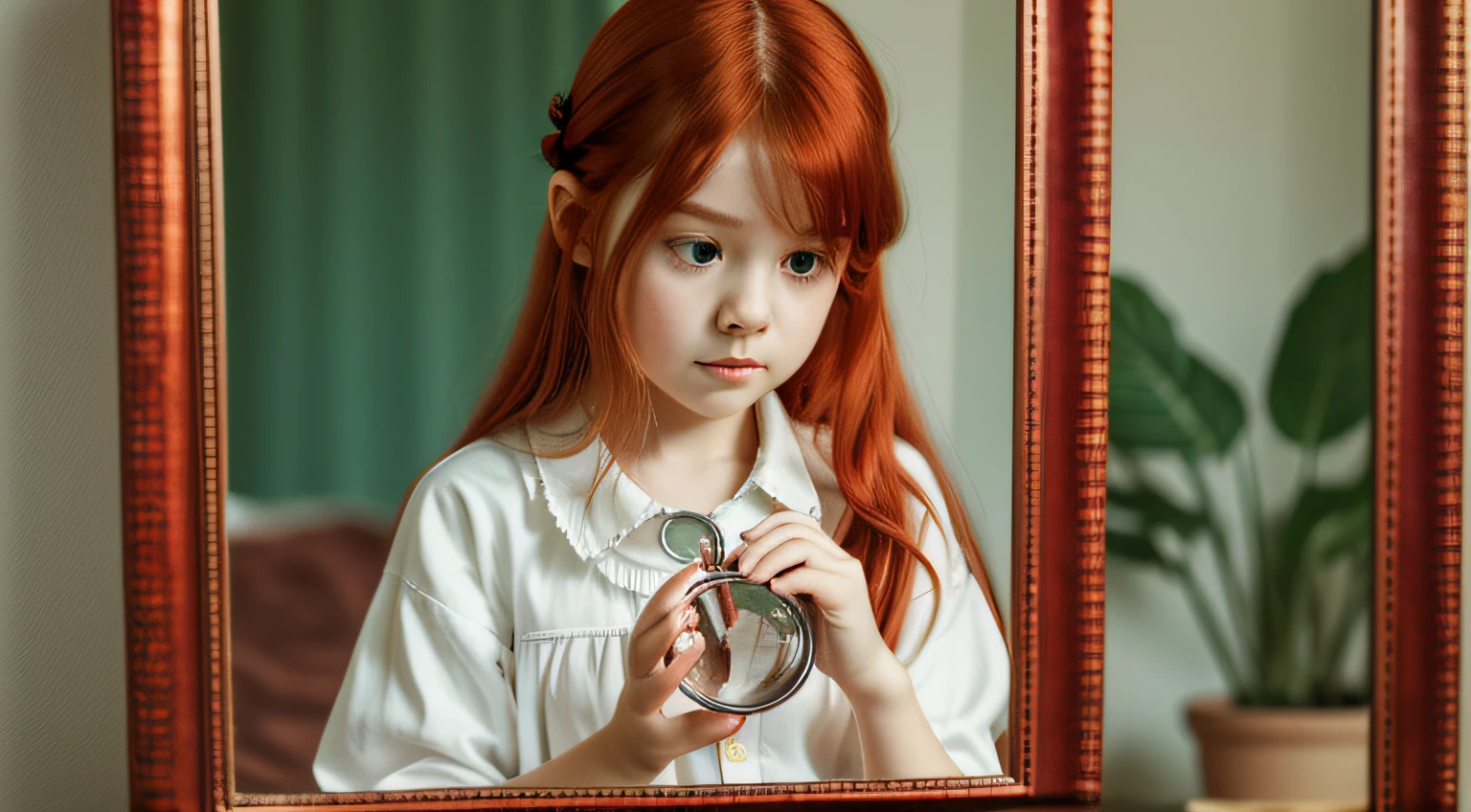 girl with red hair holding a magnifying glass, magnifying glass, red haired girl, red haired girl, fancy portrait, redhead girl, looking for clues, magnified, flower child, looking in a mirror, red hair and attractive features, looking in a mirror, red hair band, cute young redhead girl, beautiful features, looking in mirror