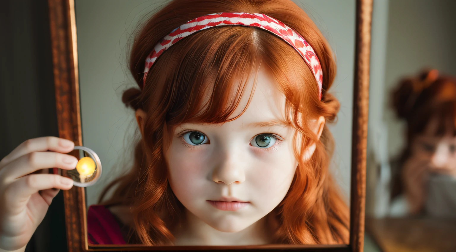  girl with red hair holding a magnifying glass, magnifying glass, red haired girl, red haired girl, fancy portrait, redhead girl, looking for clues, magnified, flower child, looking in a mirror, red hair and attractive features, looking in a mirror, red hair band, cute young redhead girl, beautiful features, looking in mirror