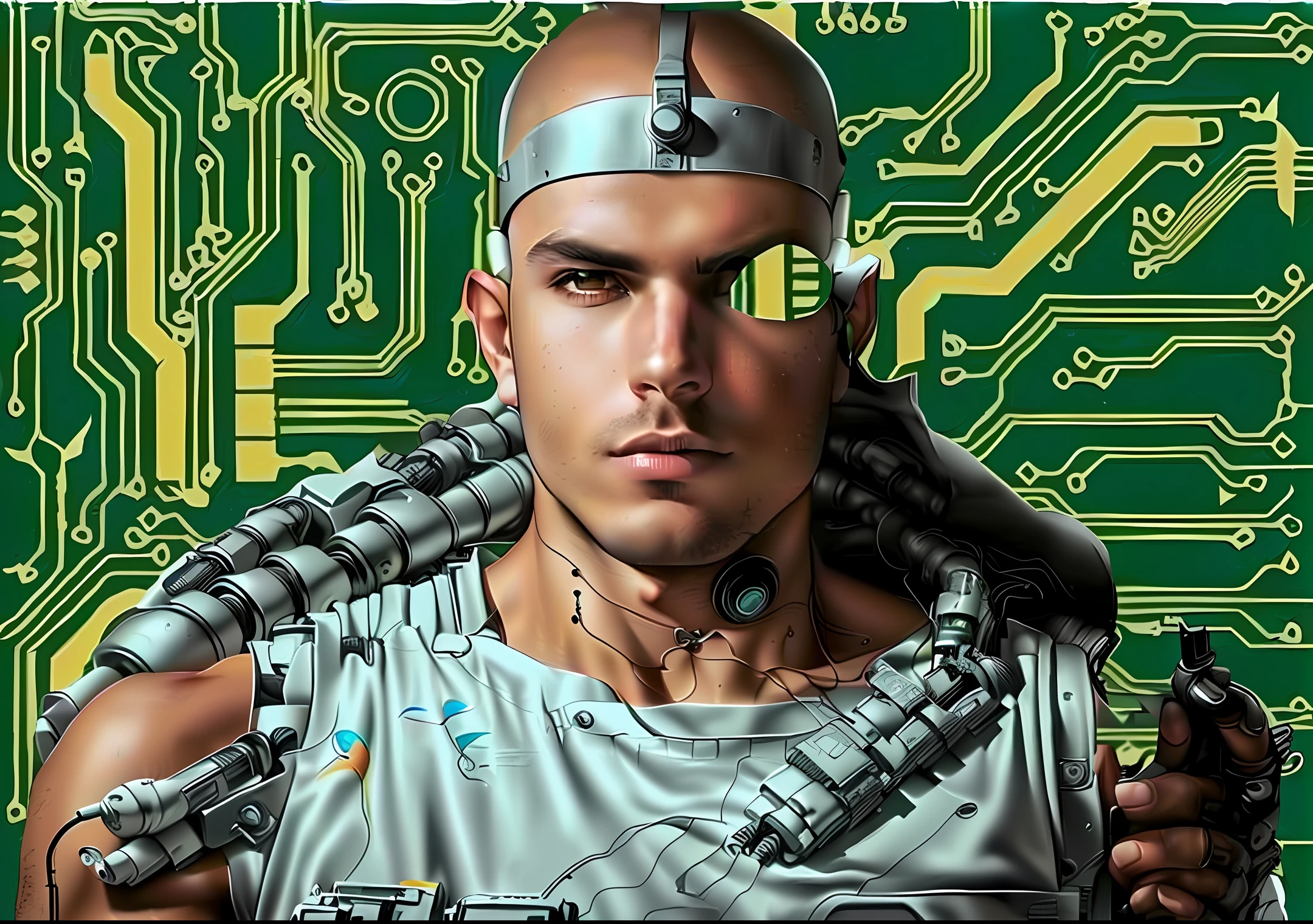 There's a cyborg, sentado, com um fundo de tela no formato de circuito integrado, foto perfeitamente centrada. --auto --s2