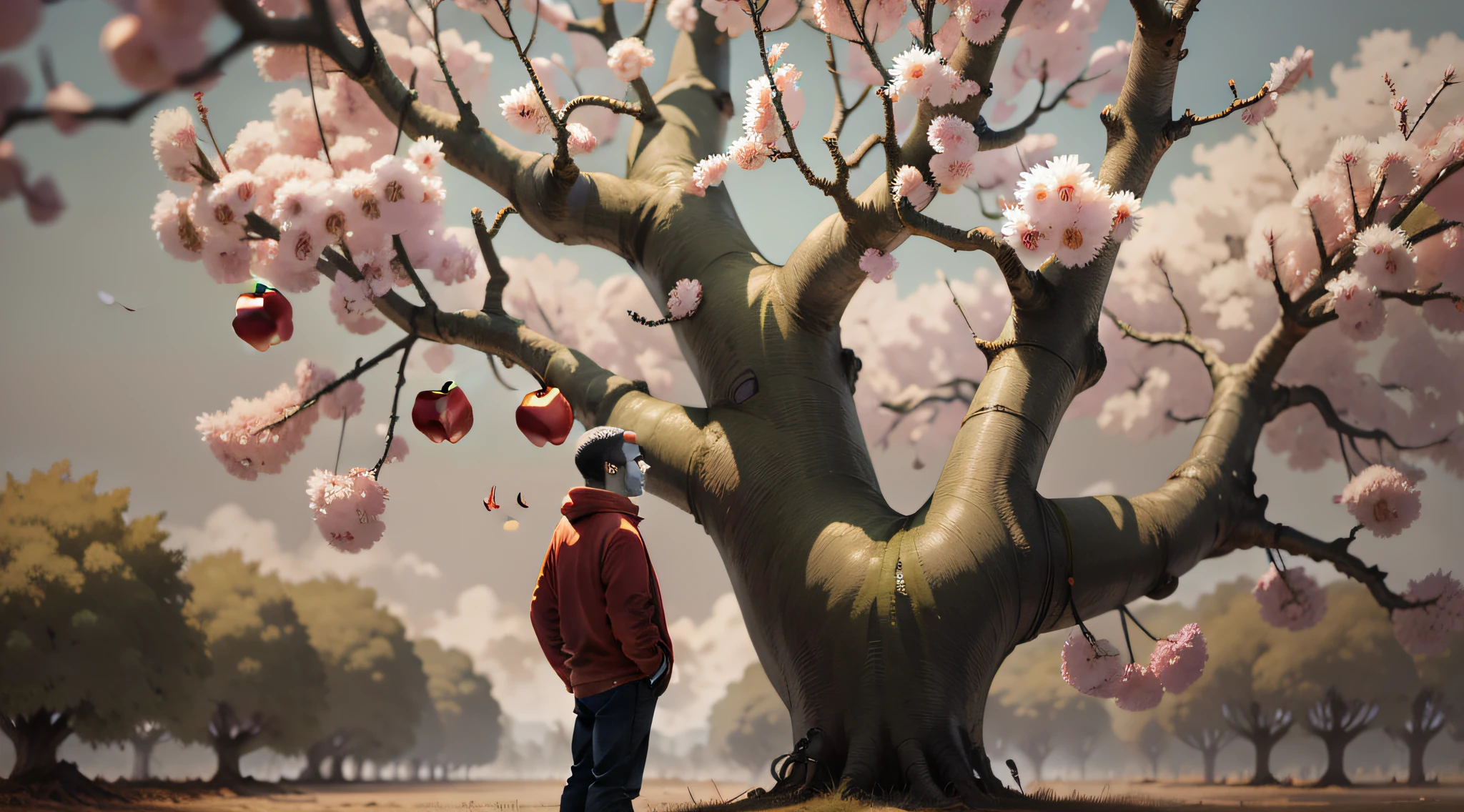 man standing, looking at an apple tree